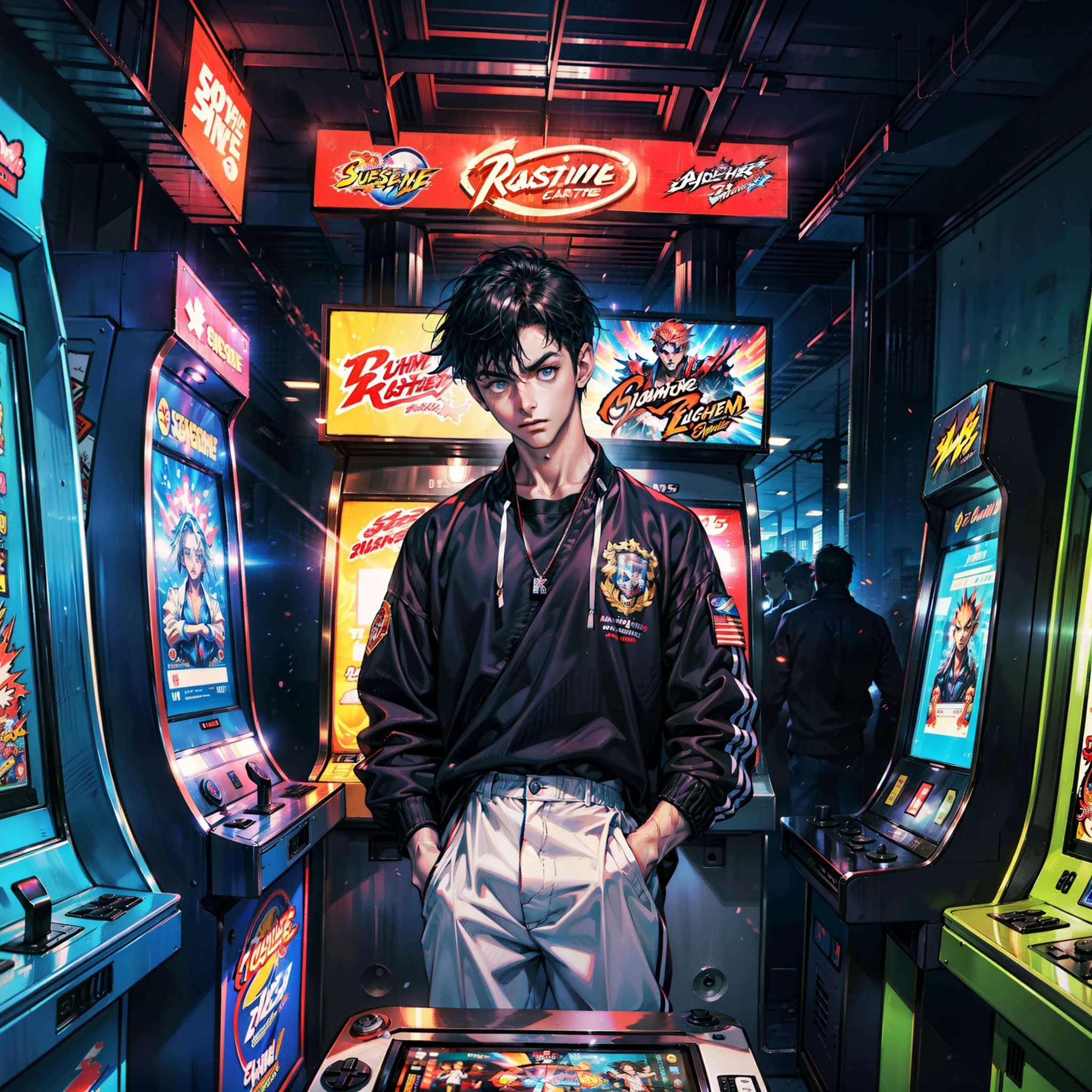 （best qualtiy， tmasterpiece）， A popular arcade arcade in the 90s, A handsome  boy passionately plays Street Fighter fighting games, He stands in front of an arcade machine with a color display, Showcasing the game's exciting visuals. There is a strong sense of nostalgia in the air. The arcade is brightly lit, The walls are decorated with classic game posters and three-dimensional models of game characters, The littleolds the joystick of the arcade machine, Manipulate his characters quickly and skillfully, Display gorgeous combos and skills on the screen, (fang, anime style, wide shot, sideways, 8k, super detail, ccurate, best quality, anatomically correct, highres)