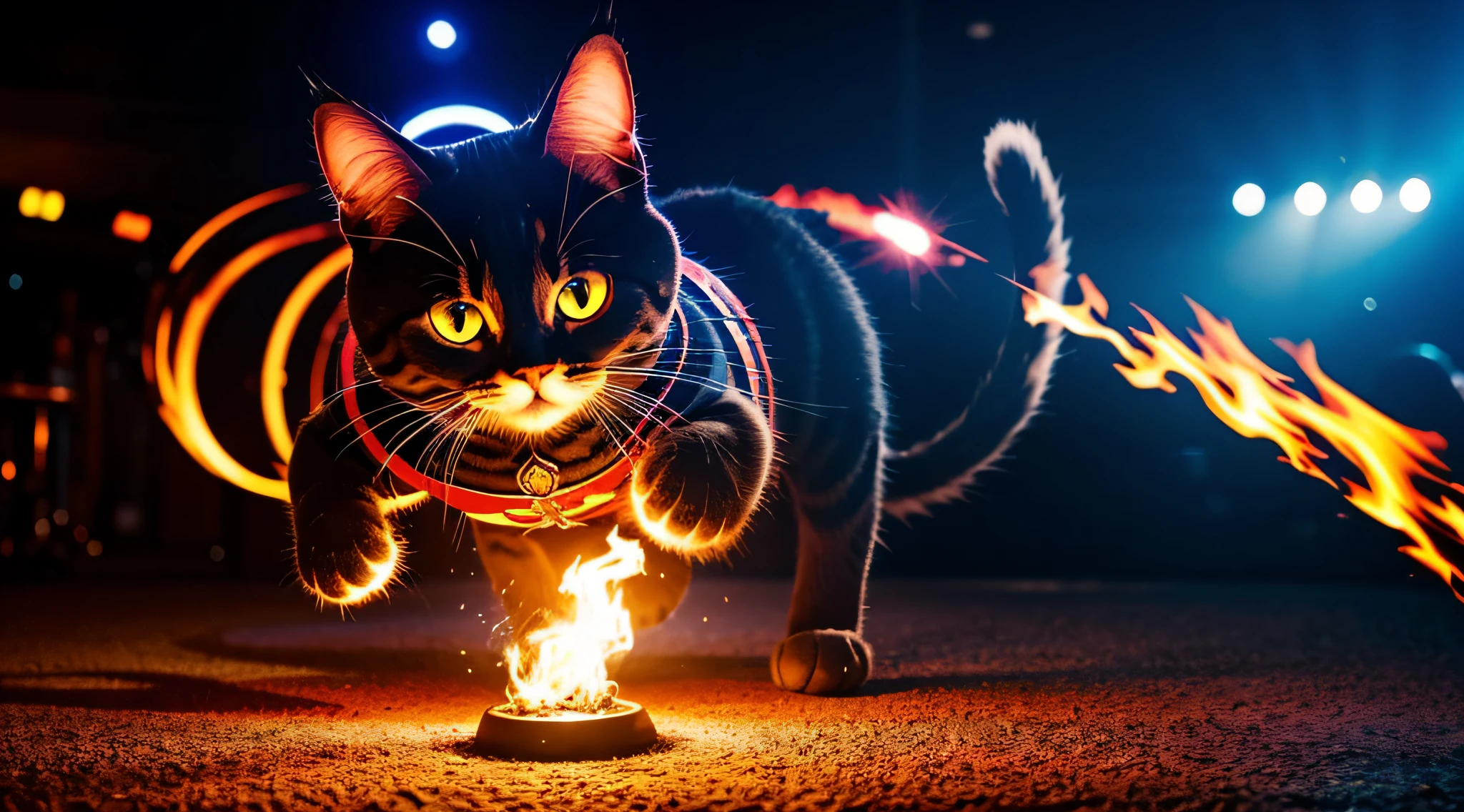 a robot-cat dance in the club ,amazing background with multicolor flames