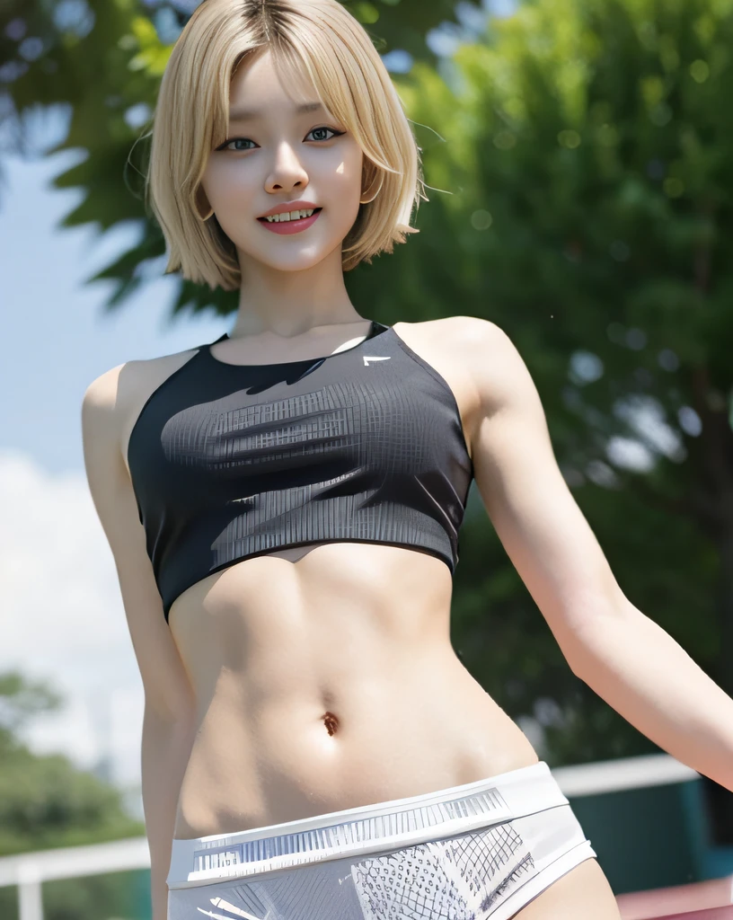 zydG, 1girls, Front view, stand, looking the viewer, exposed skin, (from below),brown-eyed, (blonde very short hair:1.2), (light hair), (medium breasts:1.4), smile with white teeth, (photorealestic:1.4), (Top image quality:1.0), (UltraHighResolution:1.0), 8K, Raw photography, (A masterpice:0.2), track and field uniforms, show abs, (sweat, wetty:1.1), portlate, facefocus, ful body,(pureerosface_v1:0.5), outdoor, track and field,