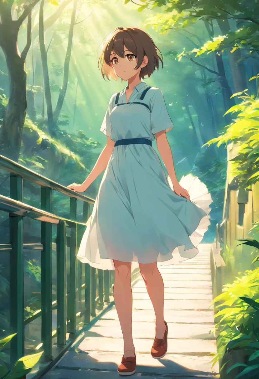 A woman in a white dress standing on a bridge in the woods - SeaArt AI