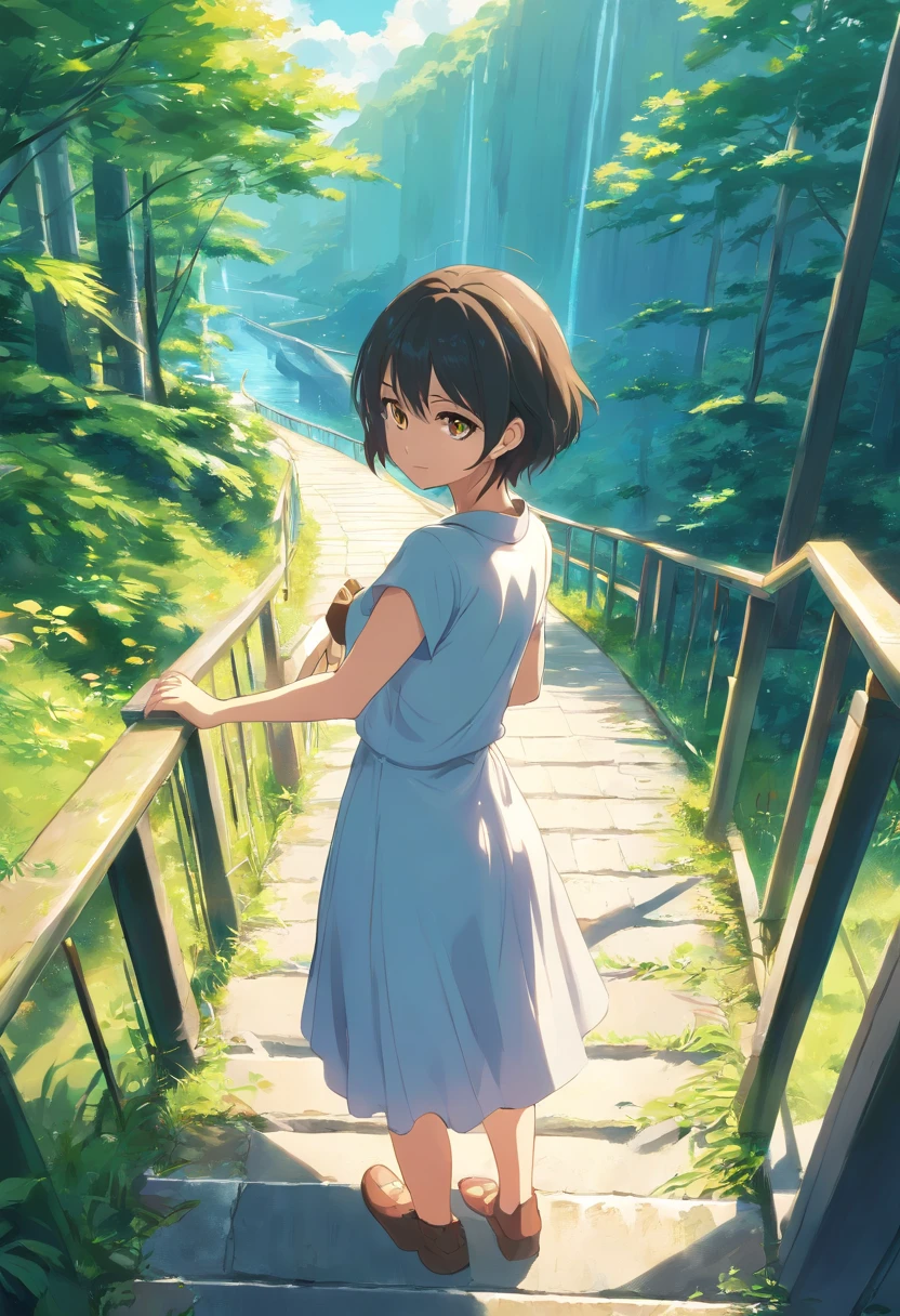 (Best quality,highr:1.2),Fotorrealista,anime big breast,short hair girl,white dresses,small,adolable,Place your hands on the railing,Look ahead expectantly,full bodyesbian,Rio Claro in your hands,ln the forest,rays of sunshine,Vision Short white hair and yellow eyes,There are cats around