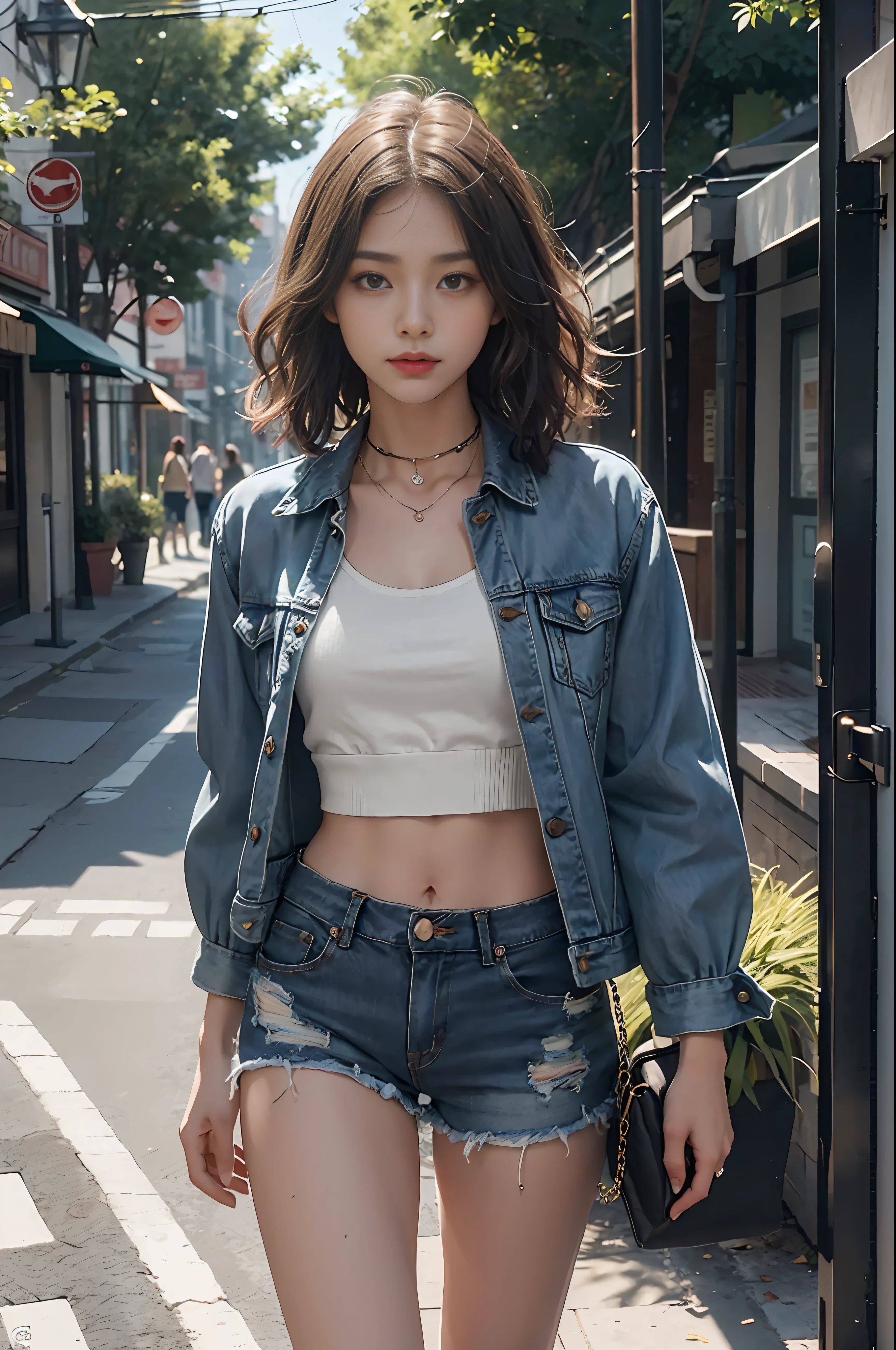 ((medium chest, tomboy, small head)), (well-defined abs: 1.1), (perfect body: 1.1), (short wavy hair: 1.2), russet hair, collar, chain, full body photo, crowded streets, wearing black vest, denim jacket, ((shorts)), (extremely detailed CG 8k wallpaper), (extremely delicate and beautiful), (masterpiece), (best quality: 1.0), (super high resolution: 1.0), beautiful lighting, perfect lightning, realistic shadows, [high resolution ], delicate skin, ultra-detailed ((colorful)))