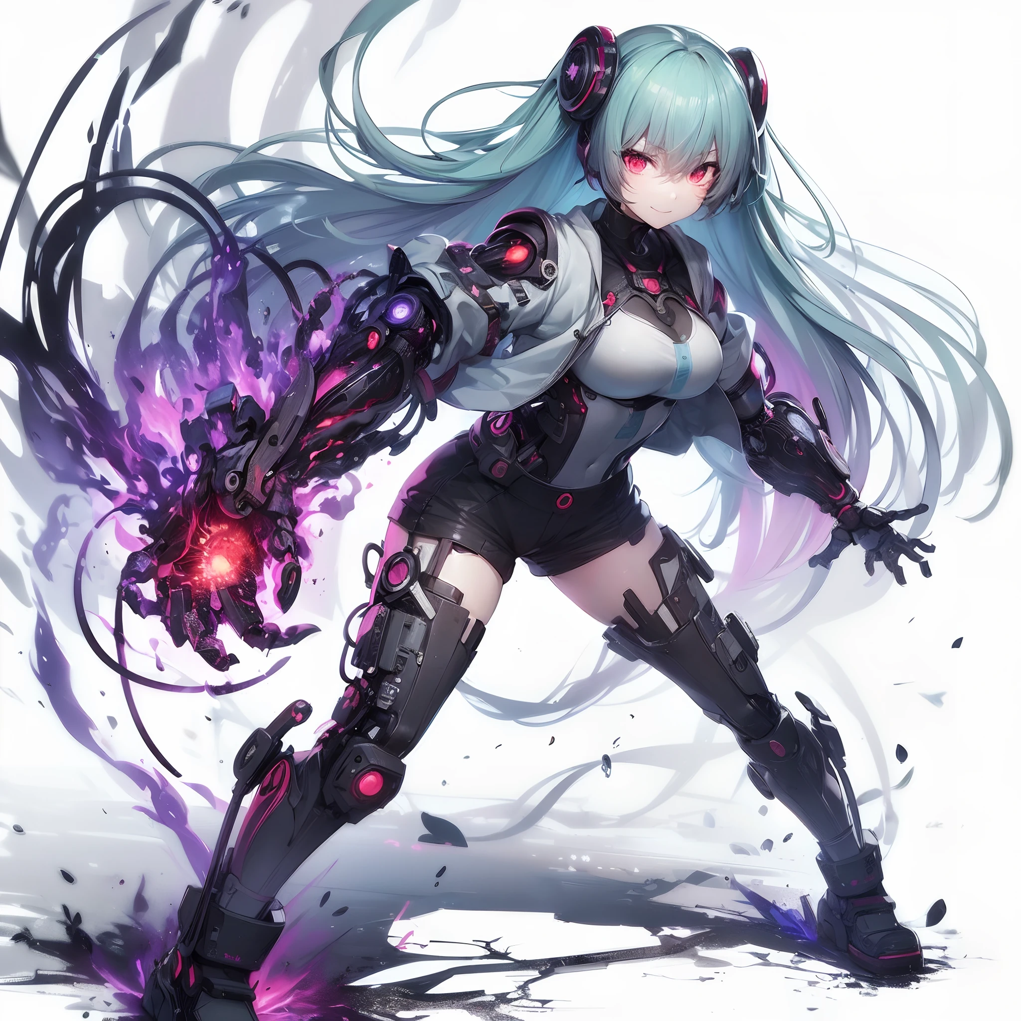 (masutepiece), (Perfect athlete body:1.2), Anime style, Full body, Cyberpunk Girl, Sea green twin hairstyle with red eyes, Wearing a Cyber Costume, Black and Purple Flaming Fist, Burnt mechanical limbs, Standing in the wasteland, Flame burning in the chest, White background, Whole body,A triumphant smile