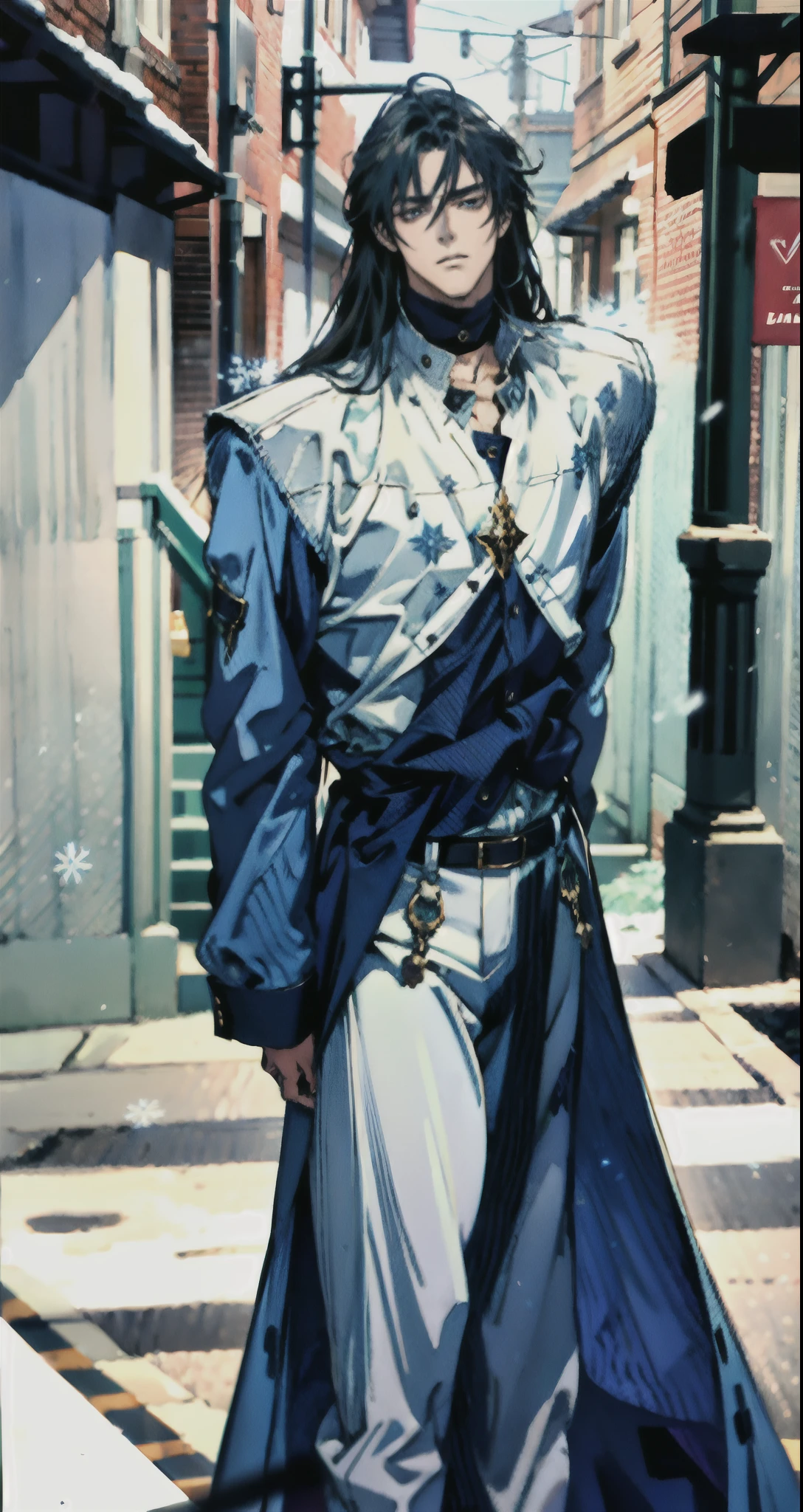 A young man with indigo long hair, long and straight hairstyle, looks up, a gentle expression, a tender gaze, a two-piece fantasy-realism style outfit, knitted shirt over a dark fitted undershirt, belted at the waist, long flowing hemline, matching trousers, the background shows a medieval fantasy-style street with snowflakes falling, this character embodies a finely crafted fantasy-realism in anime style, characterized by an exquisite and mature manga illustration art style, high definition, best quality, highres, ultra-detailed, ultra-fine painting, extremely delicate, professional, anatomically correct, symmetrical face, extremely detailed eyes and face, high quality eyes, creativity, RAW photo, UHD, 8k, Natural light, cinematic lighting, masterpiece-anatomy-perfect, masterpiece:1.5