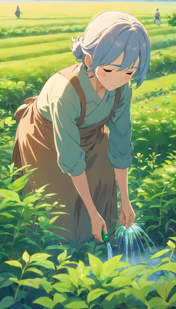 The old woman is watering the plants in the field.