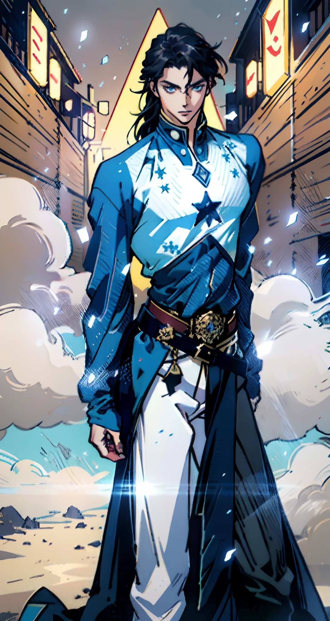 A young man with indigo long hair, long and straight hairstyle, looks up, a gentle expression, a tender gaze, a two-piece fantasy-realism style outfit, knitted shirt over a dark fitted undershirt, belted at the waist, long flowing hemline, matching trousers, the background shows a medieval fantasy-style street with snowflakes falling, this character embodies a finely crafted fantasy-realism in anime style, characterized by an exquisite and mature manga illustration art style, high definition, best quality, highres, ultra-detailed, ultra-fine painting, extremely delicate, professional, anatomically correct, symmetrical face, extremely detailed eyes and face, high quality eyes, creativity, RAW photo, UHD, 8k, Natural light, cinematic lighting, masterpiece-anatomy-perfect, masterpiece:1.5