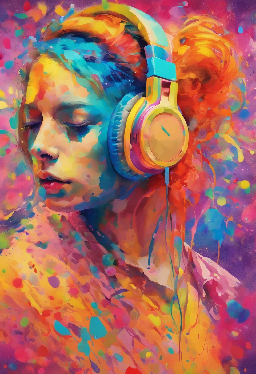 high quality, masterpiece, Watercolor, wash technique, colorful, A painting with dripping and scattered paint, Painting like Agnes Cecile, blurry, pale touch, smudged outline, like a fairy tale, a young man with headphones listening to music, christian, catholic elements, vibrant color, high detail, vivid colors and nature, luminism, three dimensional effect, enhanced beauty, Albert Anker, luminism, Isometric, by yukisakura, awesome full color
