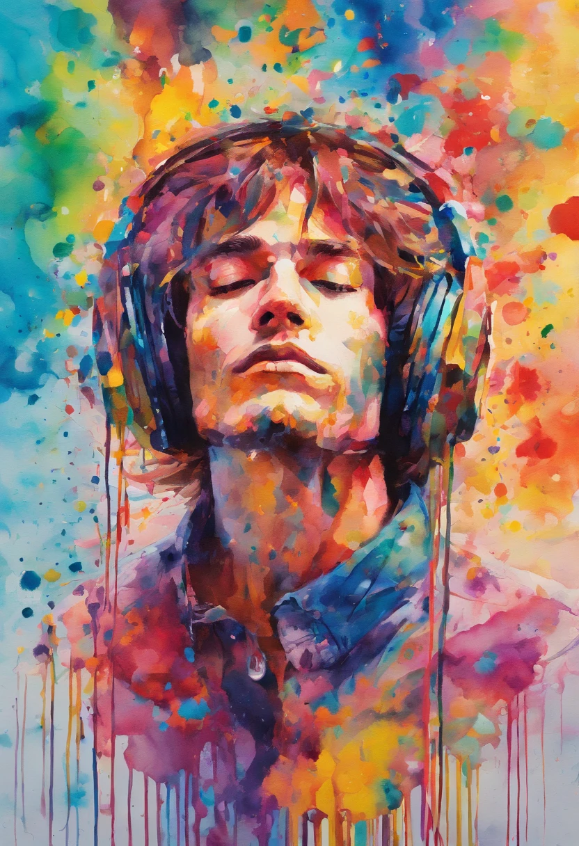 high quality, masterpiece, Watercolor, wash technique, colorful, A painting with dripping and scattered paint, Painting like Agnes Cecile, blurry, pale touch, smudged outline, like a fairy tale, a young man with headphones listening to music, christian, catholic elements, vibrant color, high detail, vivid colors and nature, luminism, three dimensional effect, enhanced beauty, Albert Anker, luminism, Isometric, by yukisakura, awesome full color