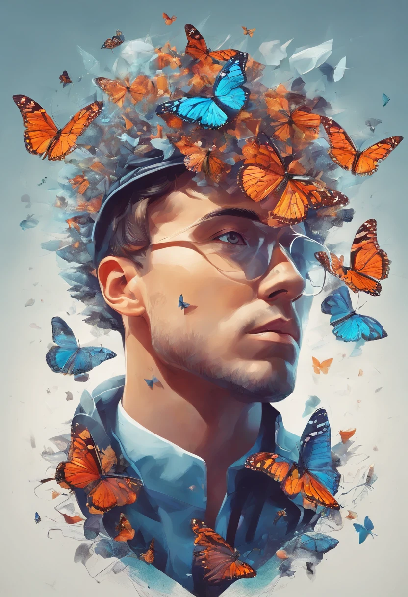 a man with a butterfly on his head, digital art, inspired by Igor Morski, trending on pexels, digital art, in style of cyril rolando, primeval duality, demolition, matte painting of human mind