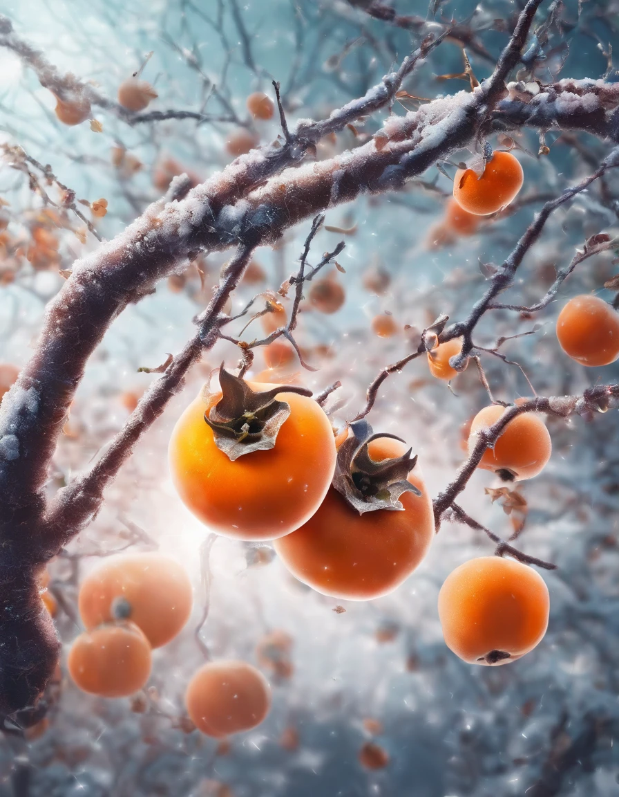 Five persimmons hanging from the tree, Frost,Late autumn, falling leaf,tree branch,The tree