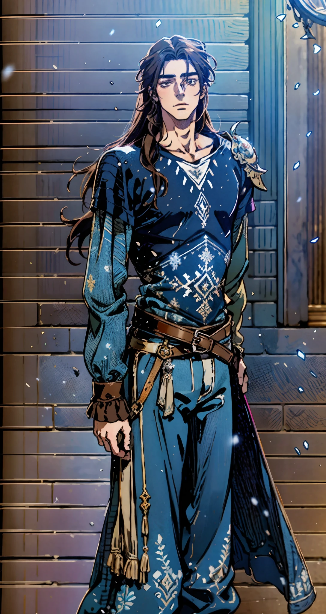 A young man with indigo long hair, long and straight hairstyle, looks up, a gentle expression, a tender gaze, a two-piece fantasy-realism style outfit, knitted shirt over a dark fitted undershirt, belted at the waist, long flowing hemline, matching trousers, the background shows a medieval fantasy-style street with snowflakes falling, this character embodies a finely crafted fantasy-realism in anime style, characterized by an exquisite and mature manga illustration art style, high definition, best quality, highres, ultra-detailed, ultra-fine painting, extremely delicate, professional, anatomically correct, symmetrical face, extremely detailed eyes and face, high quality eyes, creativity, RAW photo, UHD, 8k, Natural light, cinematic lighting, masterpiece-anatomy-perfect, masterpiece:1.5