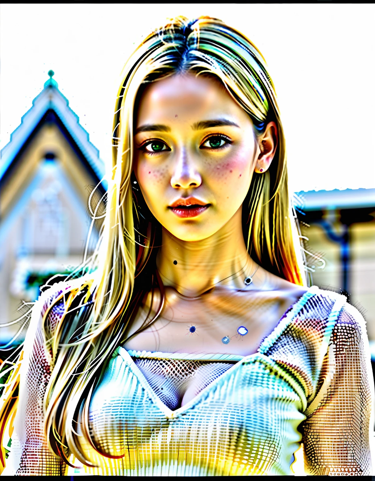 (Masterpiece) Best quality image of a blonde woman with mesmerizing green eyes in a snowy village, snow (snow) talking, screenshot, standing in a long white dress with sparkles of paparazzi on her face. She shines brightly like a true celebrity, with an emphasis on the red carpet and her beauty, at a dynamic angle and pose, Subtle double eyelid, 1girl, snowy village) (((blonde)) (((blonde hair)) (((blonde hair))) (snowy village))))