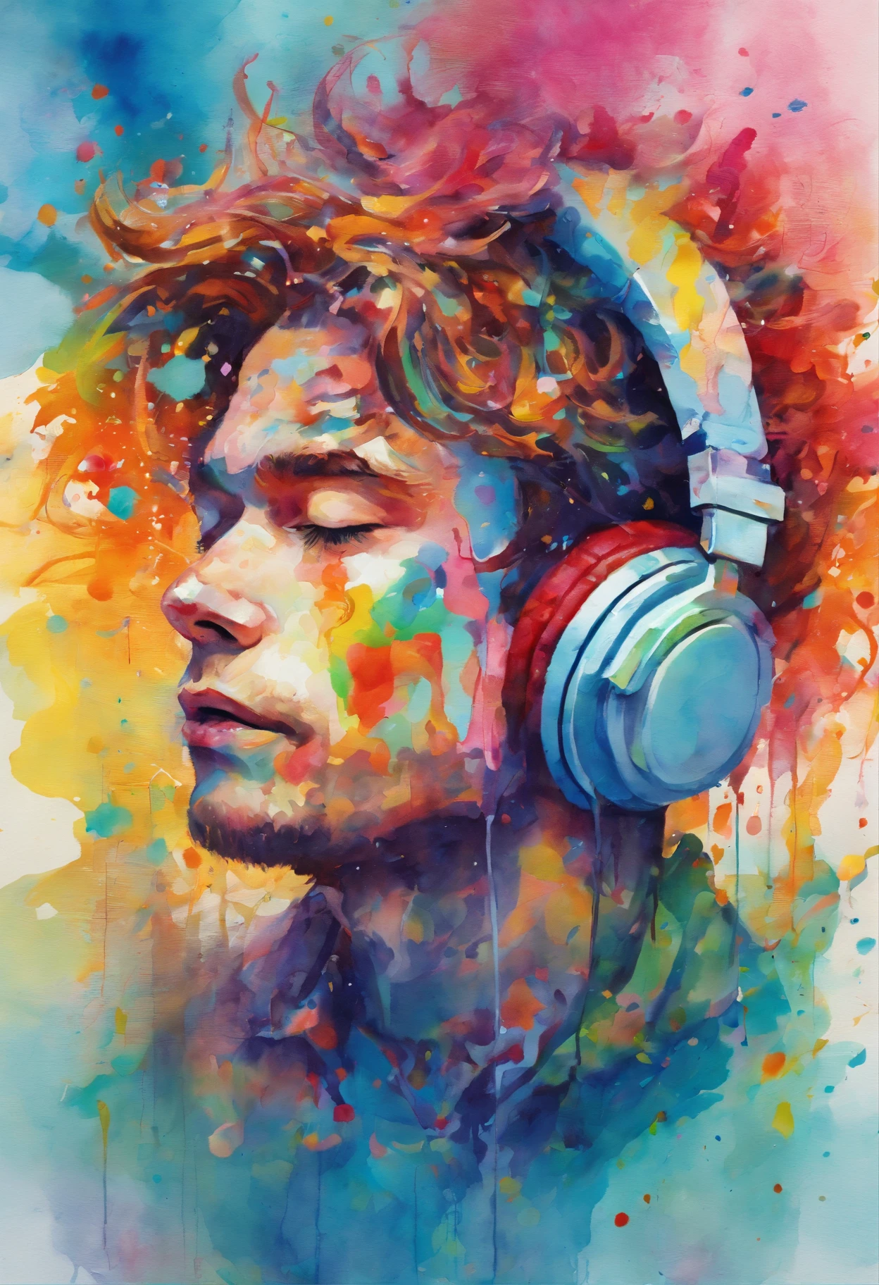 high quality, masterpiece, Watercolor, wash technique, colorful, A painting with dripping and scattered paint, Painting like Agnes Cecile, blurry, pale touch, smudged outline, like a fairy tale, a young man with headphones listening to music, christian, catholic elements, vibrant color, high detail, vivid colors and nature, luminism, three dimensional effect, enhanced beauty, Albert Anker, luminism, Isometric, by yukisakura, awesome full color