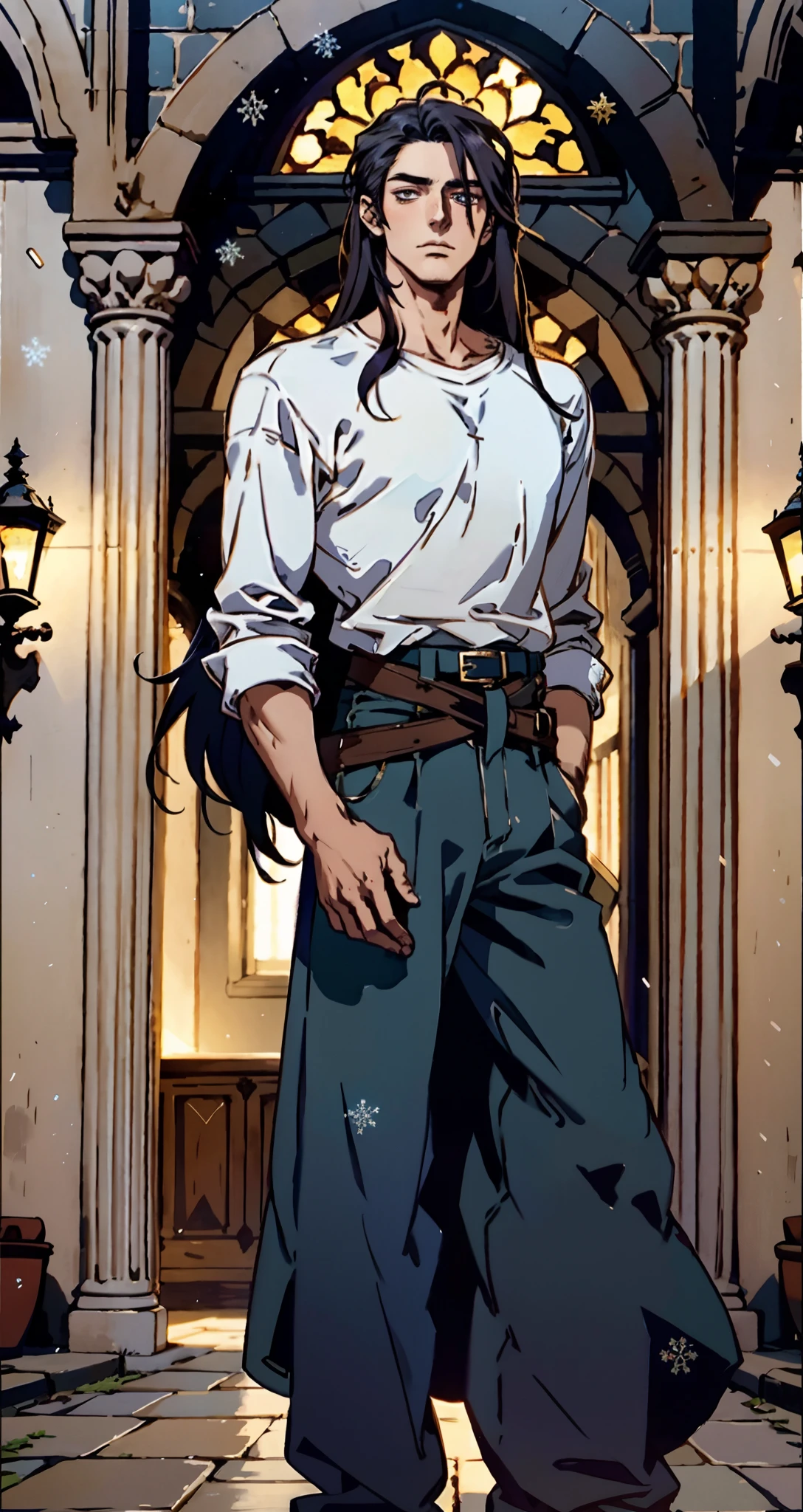 A young man with indigo long hair, long and straight hairstyle, looks up, a gentle expression, a tender gaze, a two-piece fantasy-realism style outfit, knitted shirt over a dark fitted undershirt, belted at the waist, long flowing hemline, matching trousers, the background shows a medieval fantasy-style street with snowflakes falling, this character embodies a finely crafted fantasy-realism in anime style, characterized by an exquisite and mature manga illustration art style, high definition, best quality, highres, ultra-detailed, ultra-fine painting, extremely delicate, professional, anatomically correct, symmetrical face, extremely detailed eyes and face, high quality eyes, creativity, RAW photo, UHD, 8k, Natural light, cinematic lighting, masterpiece-anatomy-perfect, masterpiece:1.5