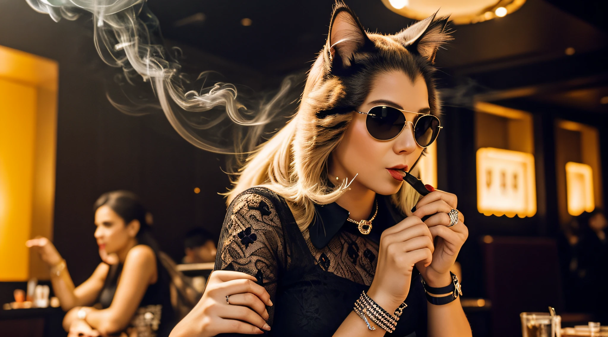 a cat smoke sigar ,wearring like a gagstar, and count money in the club