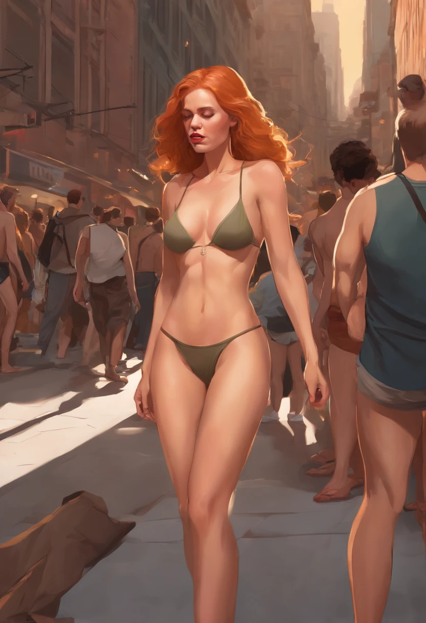 Full body picture, full body photo, hot strawberry blonde, skinny girl, naked, naked waist down, in a crowded city, angry, embarrassed, crying, barefoot, naked waist down, bottomless naked, , no underwear, visible feet, full body