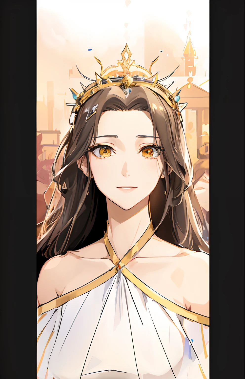 a woman with a crown on her head and a dress on, ((a beautiful fantasy empress)), anime goddess, a beautiful fantasy empress, the goddess artemis smirking, portrait knights of zodiac girl, the goddess hera looking angry, the godess hera looking angry, portrait of queen of light, beautiful androgynous prince, smiling as a queen of fairies