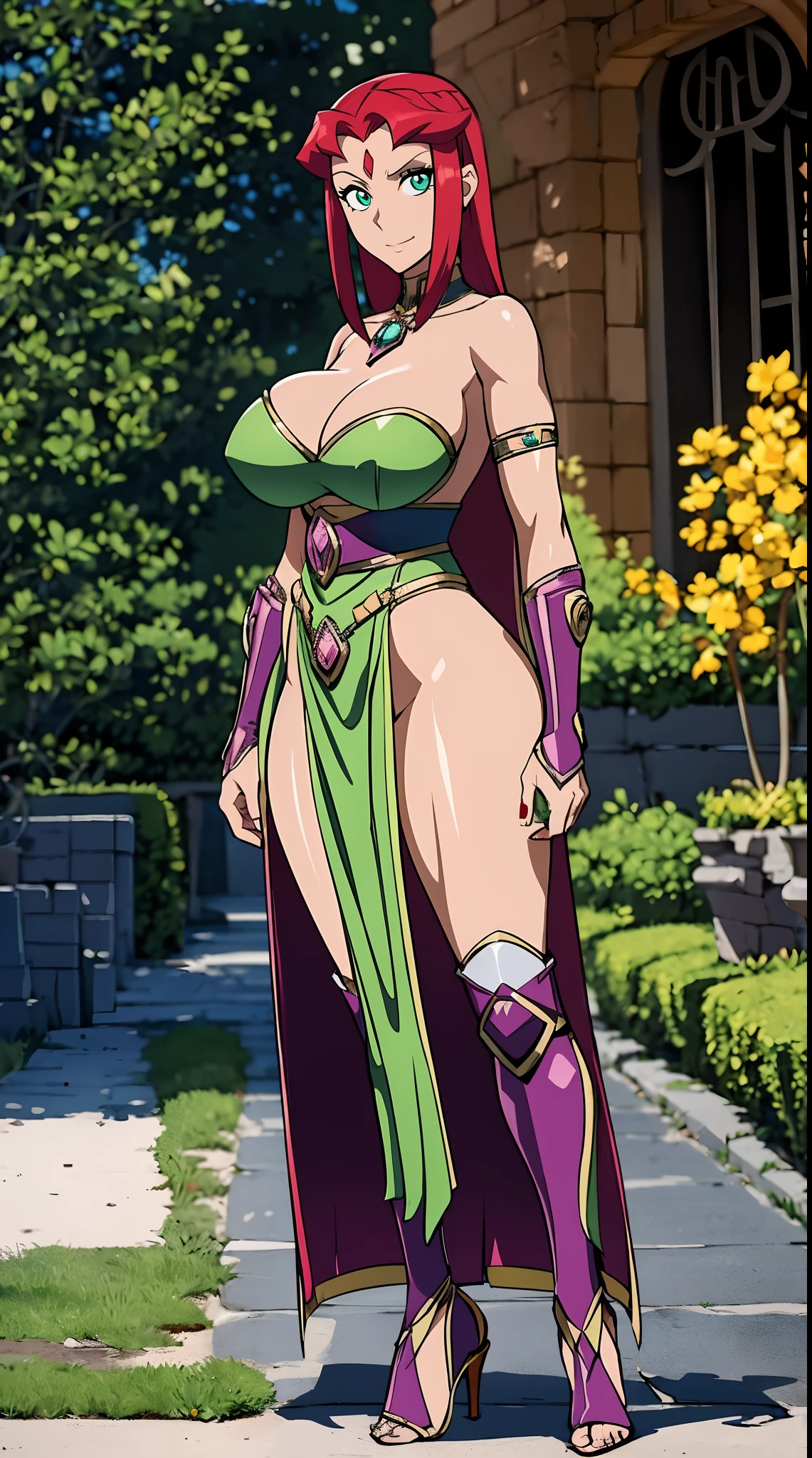 Teen titans, Starfire, anime, masterpiece, 1girl, ((bimbo))), smile face, green eyes, long red hair, , wide hips, thick thigh, big breast, huge ass, shiny skin, purple skirt, purple top, full body, /upscale (icone de um jogo), (icone de peitoral : 1.5), um peitoral , peitoral marrom, chest plate, peitoral pesada marrom, peitoral grosso, peitoral de Armadura intrincada, peitoral de armadura de fantasia pesada, peitoral detalhado, armadura ornamentada, peitoral de Armadura Paladina, peitoral dearmadura de batalha, intrincada peitoral