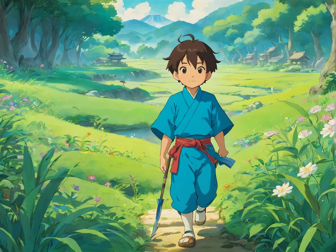 The little boy wears a blue Zhuang costume and holds a tool,Go to the fields and look for frogs,The background is a group of people,mont、Tano