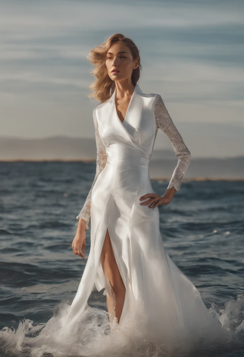 a woman standing in front of a body of water, shutterstock, surrealism, each faces precisely define, a photo of the ocean, paradise in the background, portait photo profile picture