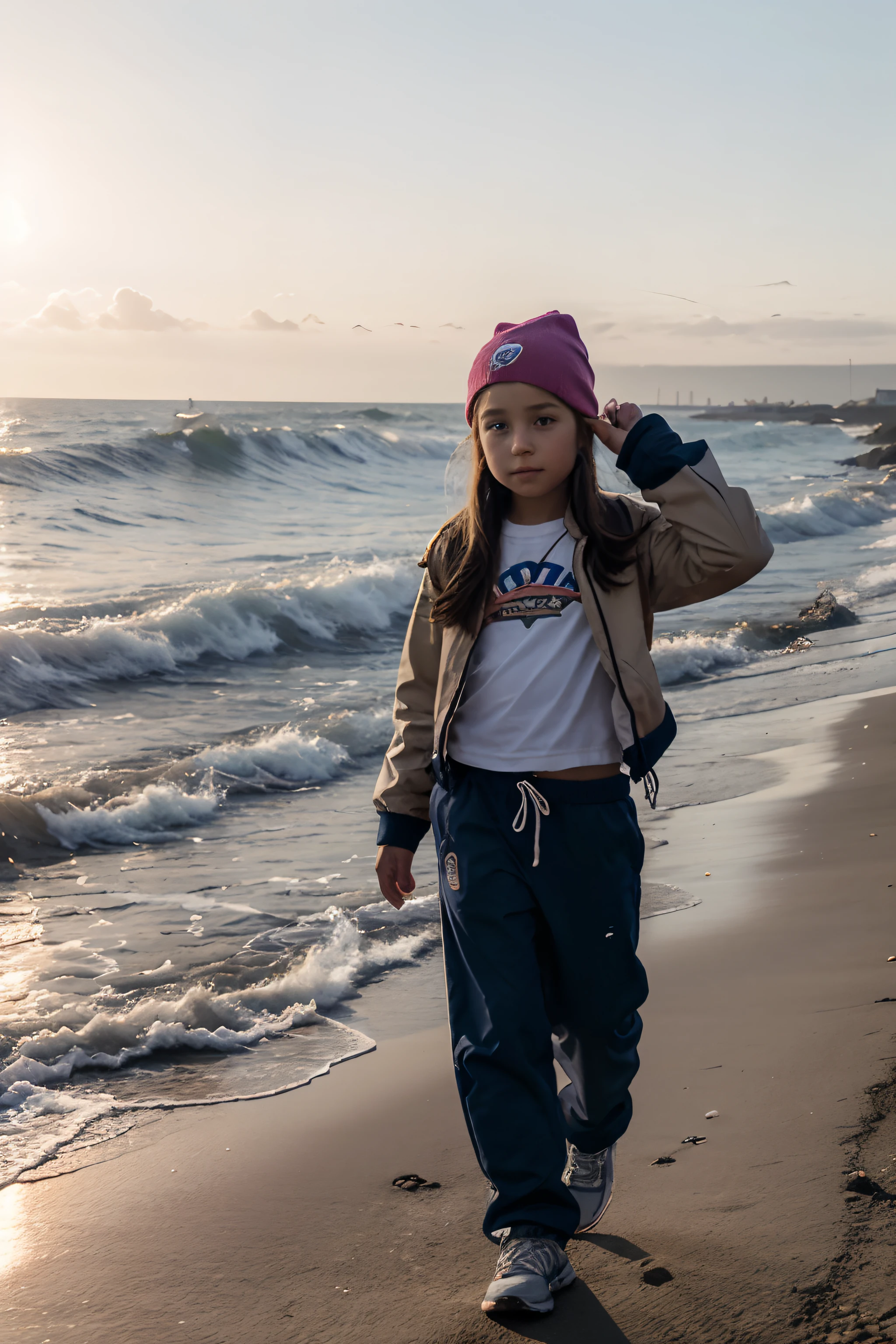 (Best Quality,Realistic:1.2), 6-year-old girl, European, hair light, runs along the seashore, Pebble Coast, Sunset, Dressed in pants and a jacket, He has a hat on his head, Holding a kite in hand raised up, autumn