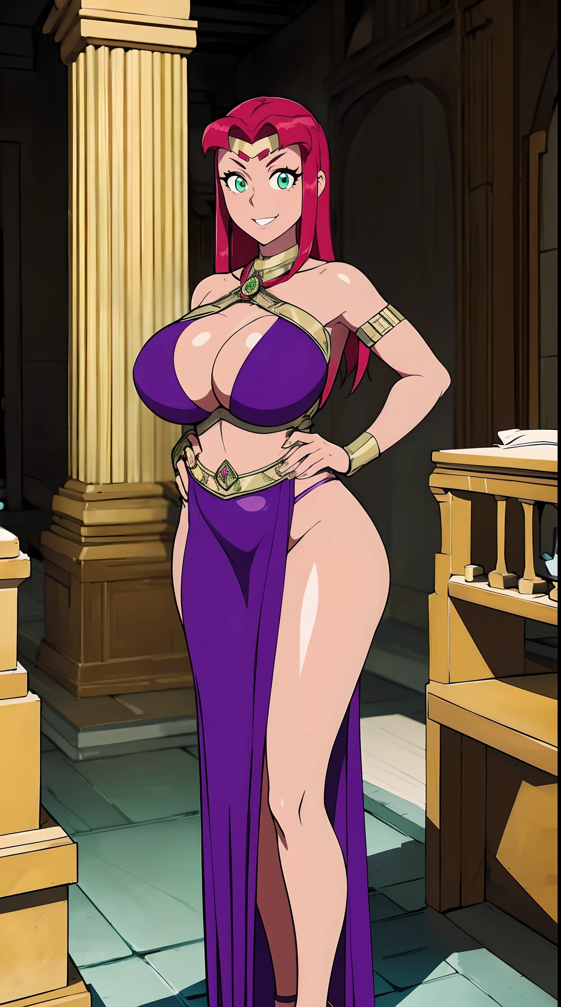 Teen titans, Starfire, anime, masterpiece, 1girl, ((bimbo))), smile face, green eyes, long red hair, , wide hips, thick thigh, big breast, huge ass, shiny skin, purple skirt, purple top, full body, /upscale (icone de um jogo), (icone de peitoral : 1.5), um peitoral , peitoral marrom, chest plate, peitoral pesada marrom, peitoral grosso, peitoral de Armadura intrincada, peitoral de armadura de fantasia pesada, peitoral detalhado, armadura ornamentada, peitoral de Armadura Paladina, peitoral dearmadura de batalha, intrincada peitoral