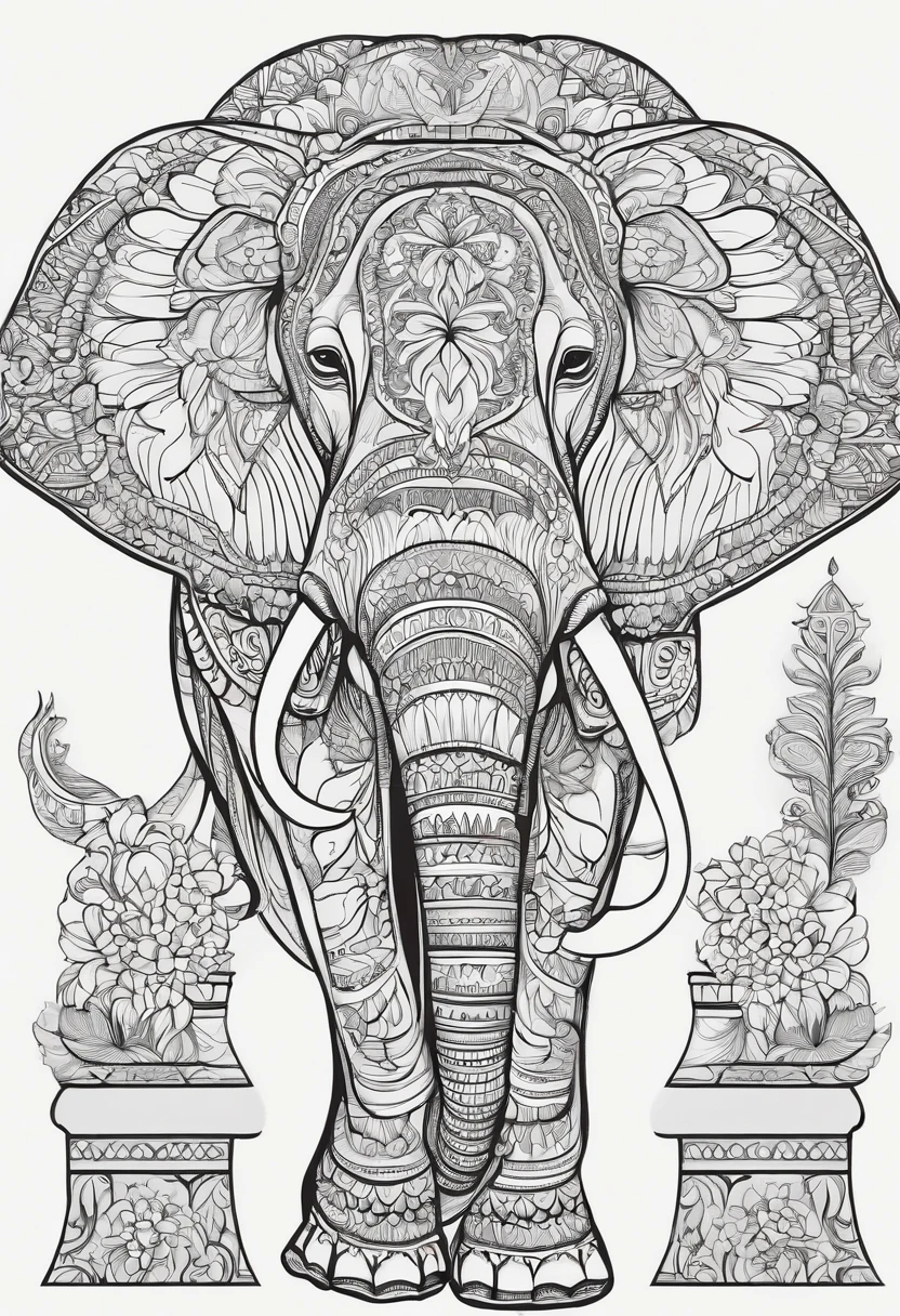 A whimsical mandala art illustration of an elephant :: high detail adult coloring book page thin black lines white background, 1 bit line art coloring book, only draw outlines, crisp, thick outlines, use up the entire screen, outline art, storybook illustration –no noise, book, logo, page, letters, words, markers, grayscale, –no black background –ar 3:4 –v 4