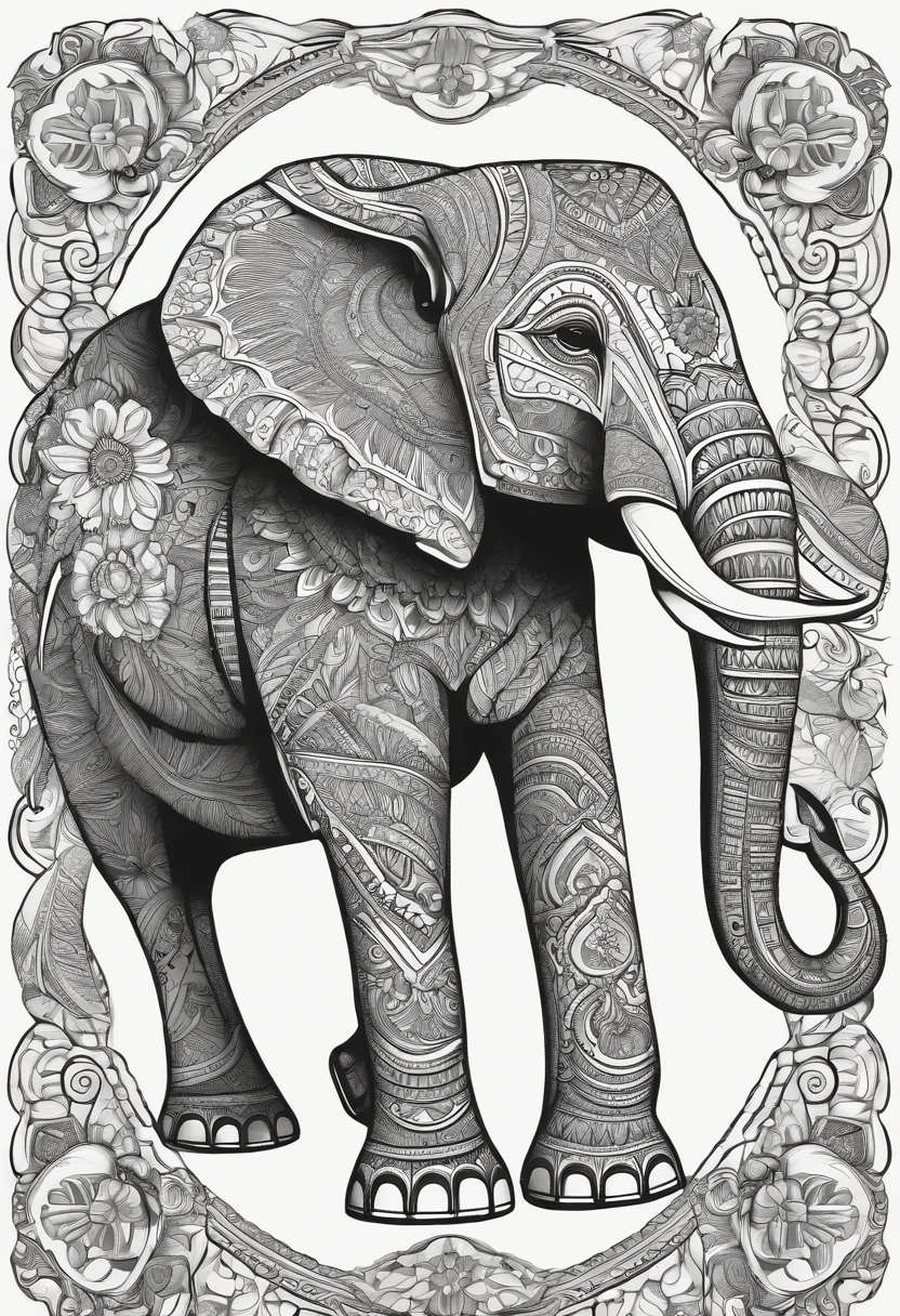 A whimsical mandala art illustration of an elephant :: high detail adult coloring book page thin black lines white background, 1 bit line art coloring book, only draw outlines, crisp, thick outlines, use up the entire screen, outline art, storybook illustration –no noise, book, logo, page, letters, words, markers, grayscale, –no black background –ar 3:4 –v 4