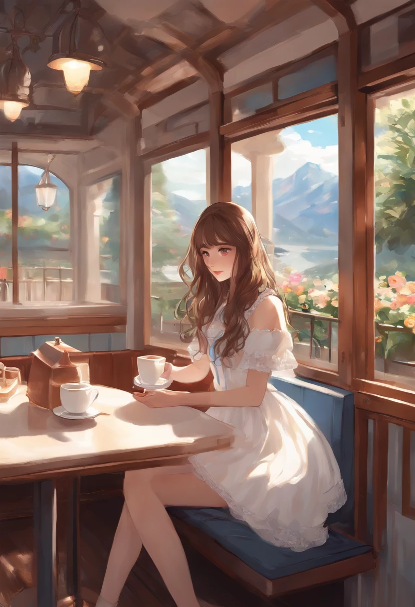 Art by Cornflower、dream-like(Blue eyes and long brown hair、age beautiful anime style girl。White dress。Sitting in a box seat in a café、I am holding a Nintendo Switch lonely while nodding。)