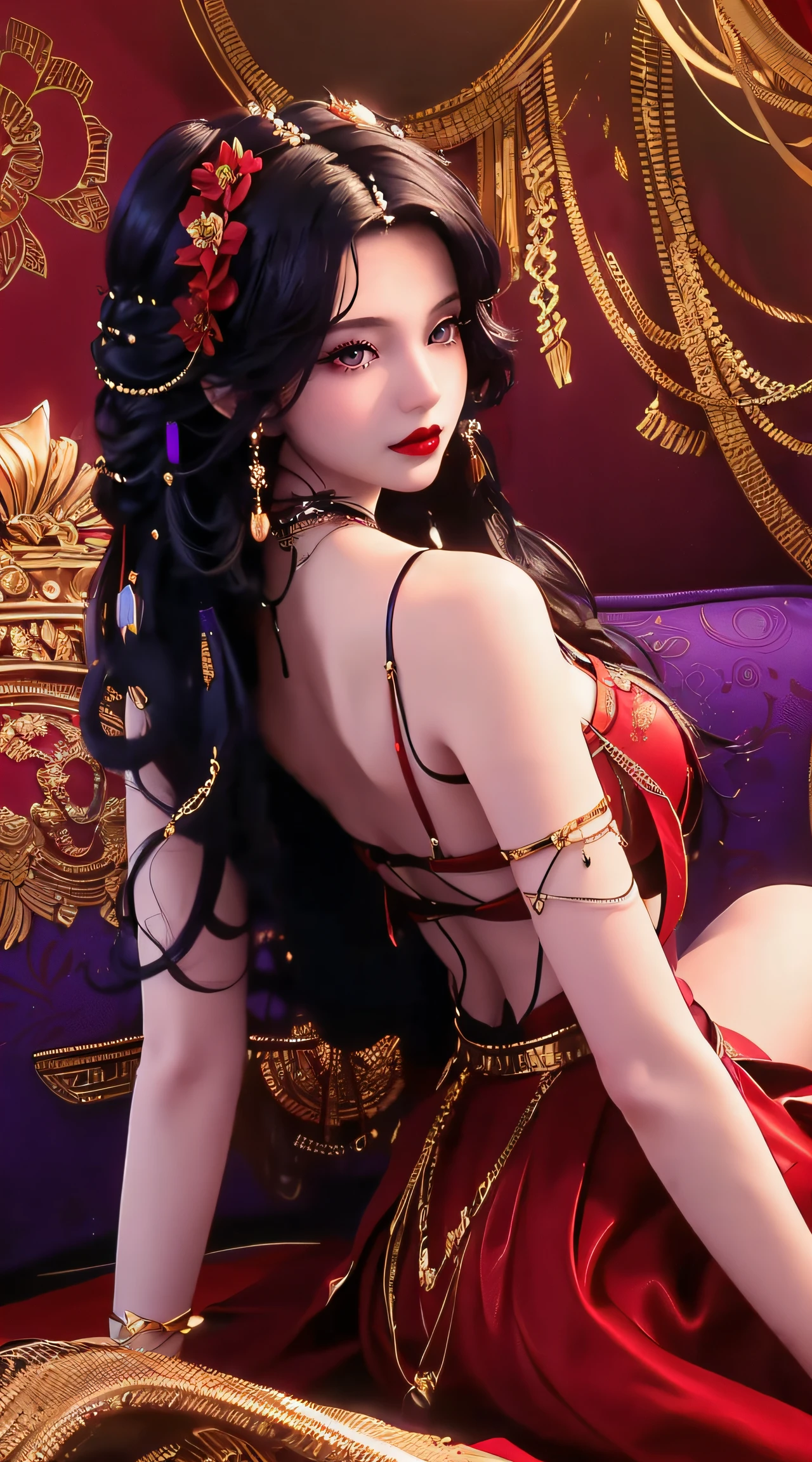 1 beautiful and sexy 20 year old girl, ((Wearing an ultra-thin red dress:1.6)), Diamond dress, ((Long purple-black hair:1.6)), bangs, Delicate jewelry made of stone Noble and beautiful hair, ((Wear a black lace necklace:1.4))), Noble, The noble style of extremely beautiful girls, Super cute little face, very pretty look face, Fur thin eyebrows, flawless and beautiful face, ((black eye pupil: 0.8)), verybeautifuleyes, ((Black eyes: 1.6)), Beautiful makeup and detailed hairstyle, eyeslashes, Moist eye makeup, High nose, Earrings, Red lips, ((Closed mouth: 1;5 )) Beautiful lips, Slim arms, The most beautiful thighs, ((Open your arms to the sides: 1.5) ), Rosy face, Clean face, Beautiful and immaculate face, Smooth white skin, (Big breasts: 1.5)), ((high breasts: 1.6) ), Firm breasts, Pretty big breasts, (((Large, round breasts: 1.8))), ((Ultra-firm breasts: 1.7)) , Beautiful breasts, Perfect body, (((Sitting position, Tilt your hands back and back :1.5))), ((Chest bulging : 1.5)), Don't be shy, 8K photos, Super high quality, Super realistic, More than 10x pixels, lightwave, Bright Studio, Bright edges, Two-tone lighting, (High detail skin:1.2), Super 8K , Soft light, High quality, volumettic light, lightwave, Optical high resolution, Light, best photos, 4K, 8K quality, blurry effect, Smooth clarity, 10 x pixels , ((Red flower background:1.5)), aurora, Lightning, ultra-realistic graphics, The most realistic graphics, Alone, Solo, Extremely sharp, surreal image, (((Frontal portrait : 1.6)))."