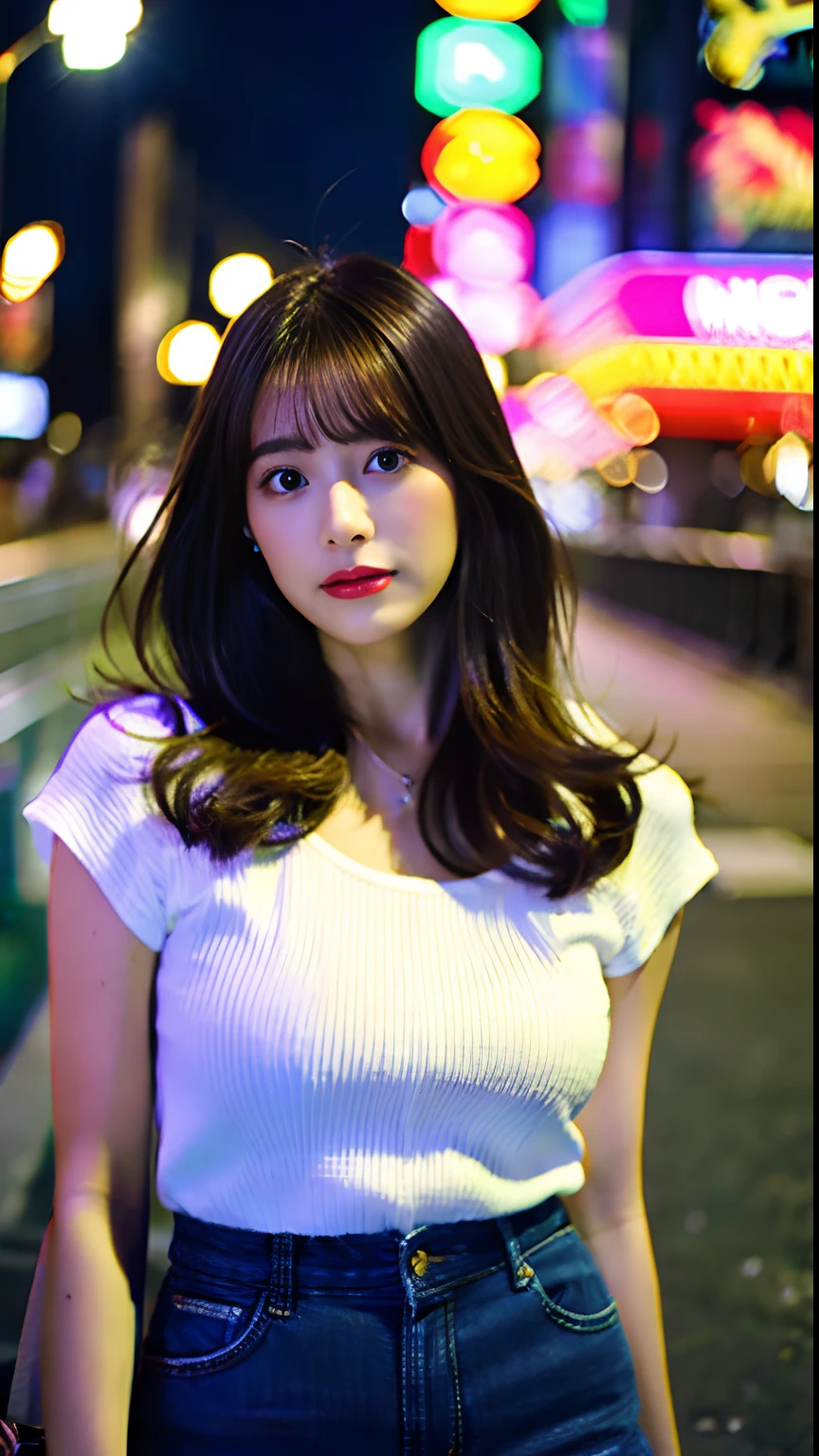 highest quality, masterpiece, ultra high resolution, (realistic:1.4), RAW photo, 1 girl, off shoulder, ((neon light)), ((cleavage)), ((huge breasts)), beautiful night view
