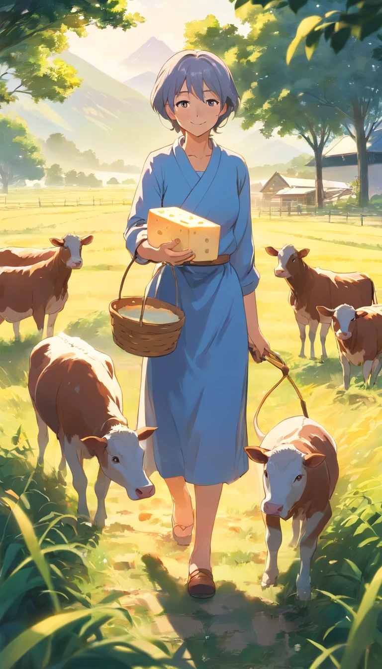 The old woman is gathering milk to make cheese on the farm.