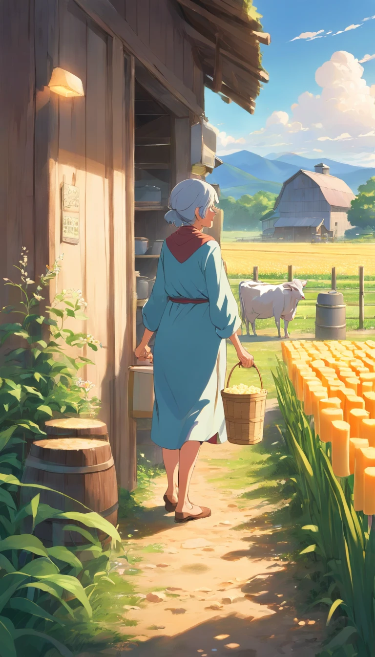 The old woman is gathering milk to make cheese on the farm.