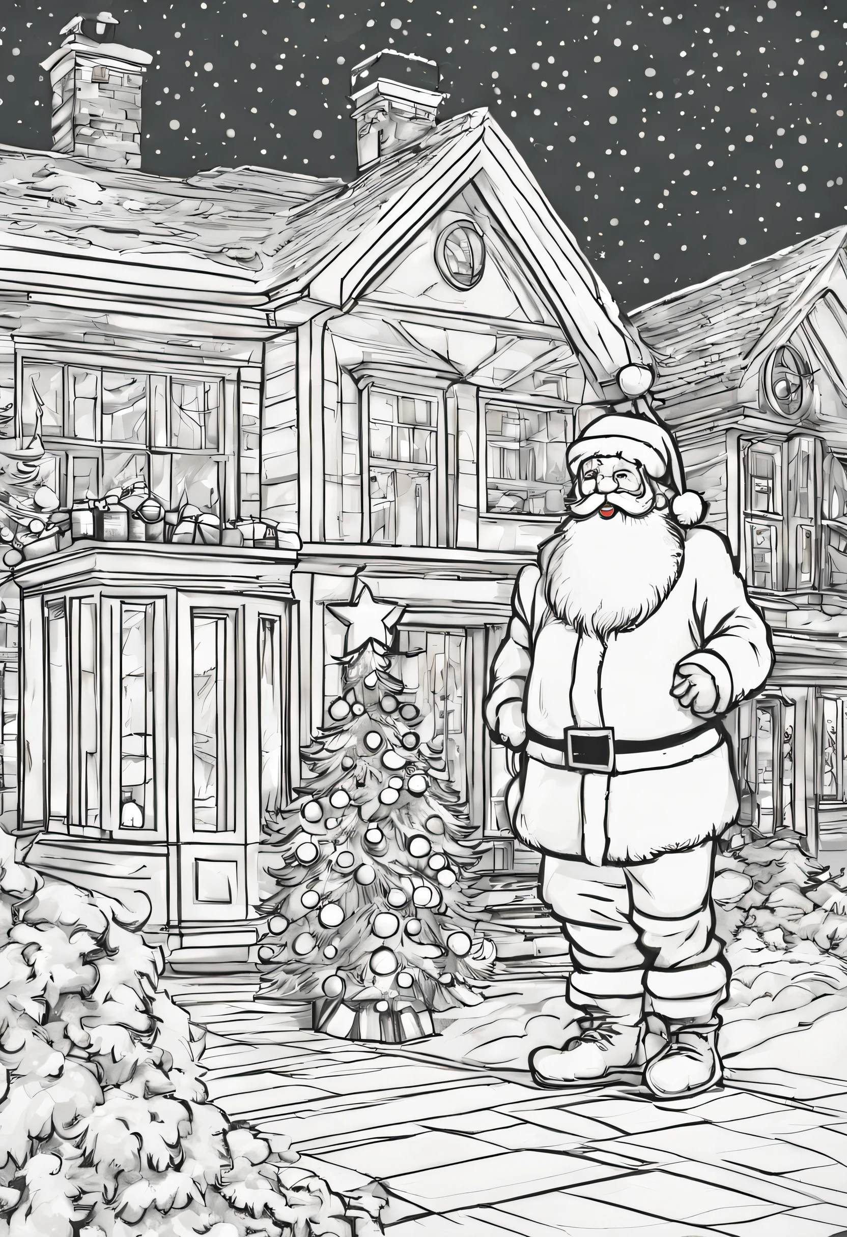 Line draw, of a santa claus, outside of a nice house, the night of christmas