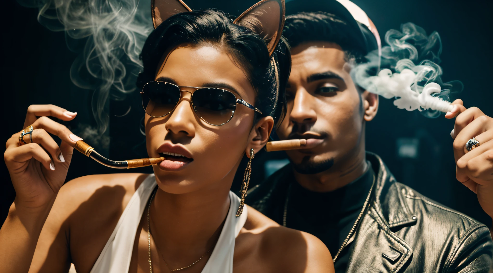 a cyber-cat smokes cuban  sigar ,wearring like a gagstar, and count money ,in the club