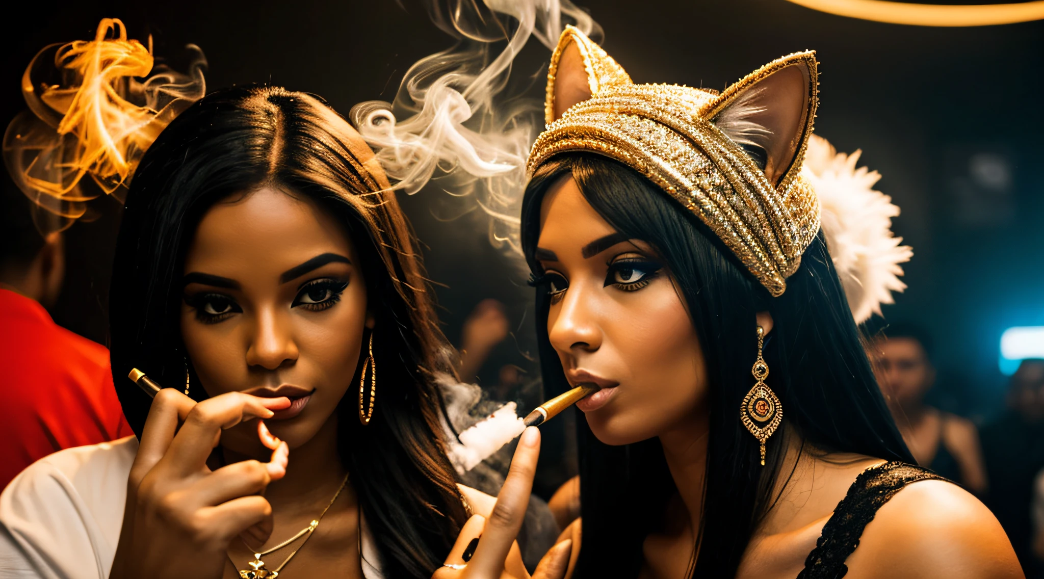 a cyber-cat smokes cuban  sigar ,wearring like a gagstar, and count money ,in the club