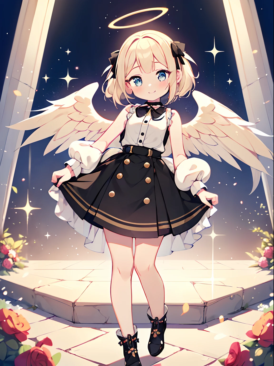 best quality, ultra high res, 1girl, sleeveless white button shirt, black skirt, black choker, cute, (Kpop idol), (aegyo sal:1), (platinum blonde hair:1), ((puffy eyes)), looking at viewer, full body, facing front, angel wings, large halo, blush, happy smile, light smile, neck ribbon,