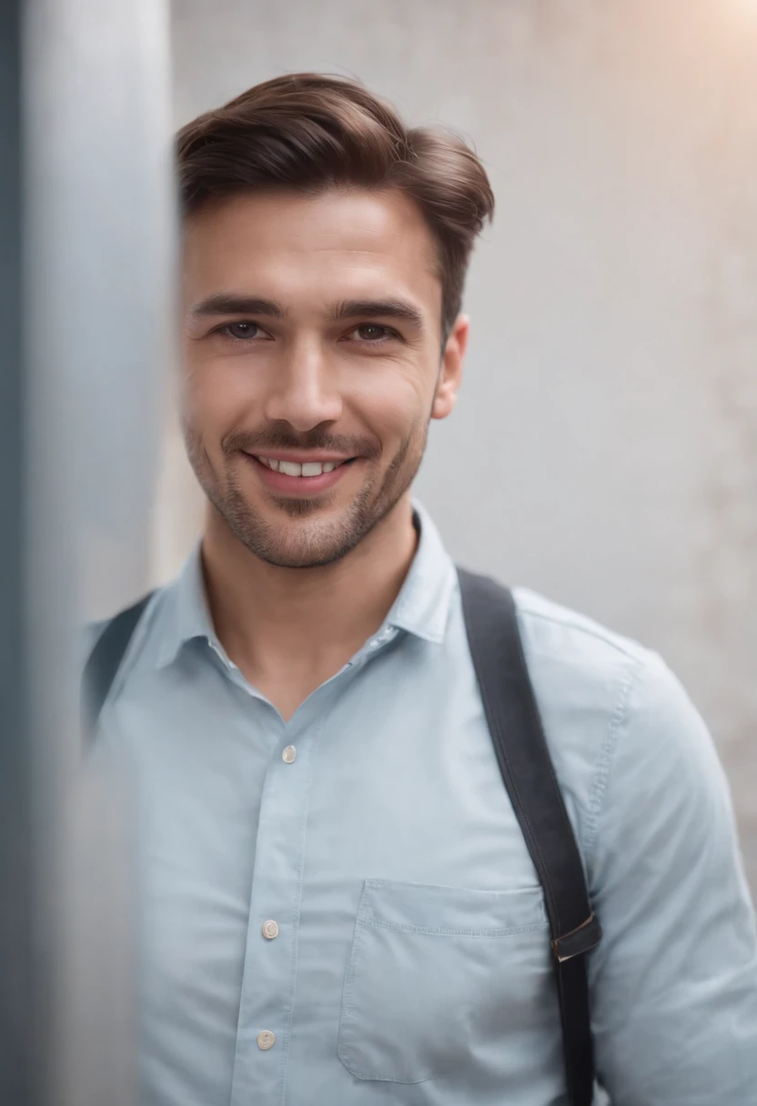 Man with a habit of looking to the side, Smiling, dressed as electrician.
