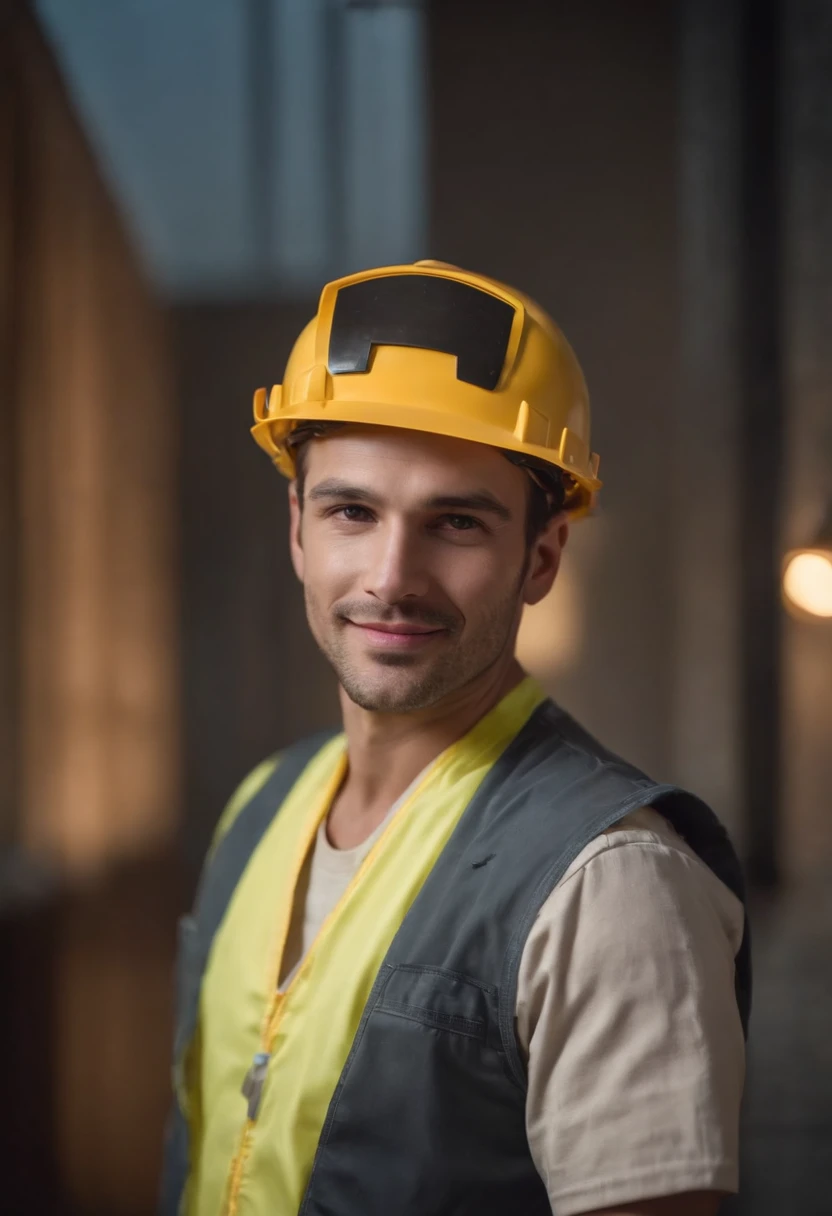 Man with a habit of looking to the side, Smiling, dressed as electrician.