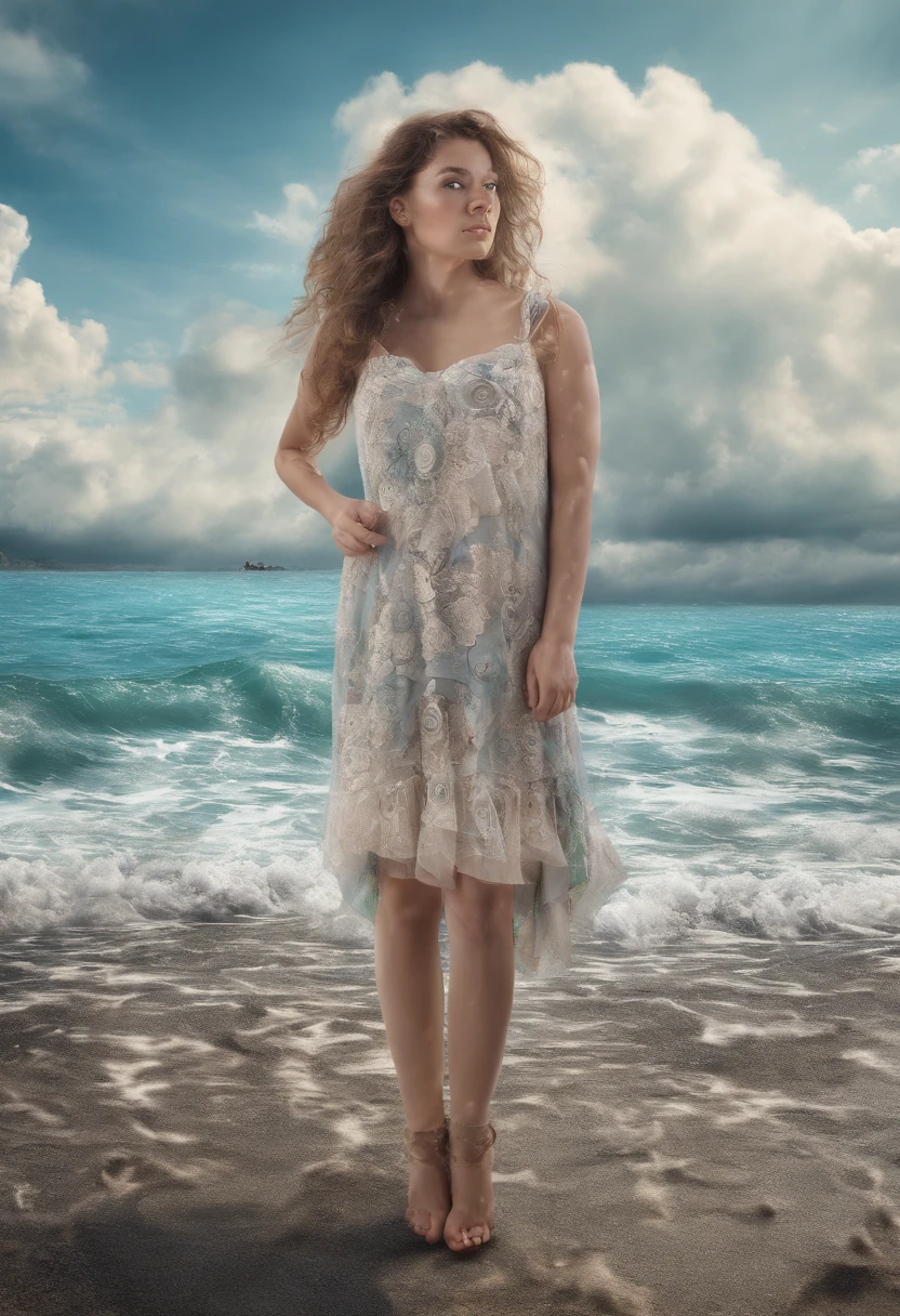 a woman standing in front of a body of water, shutterstock, surrealism, each faces precisely define, a photo of the ocean, paradise in the background, portait photo profile picture