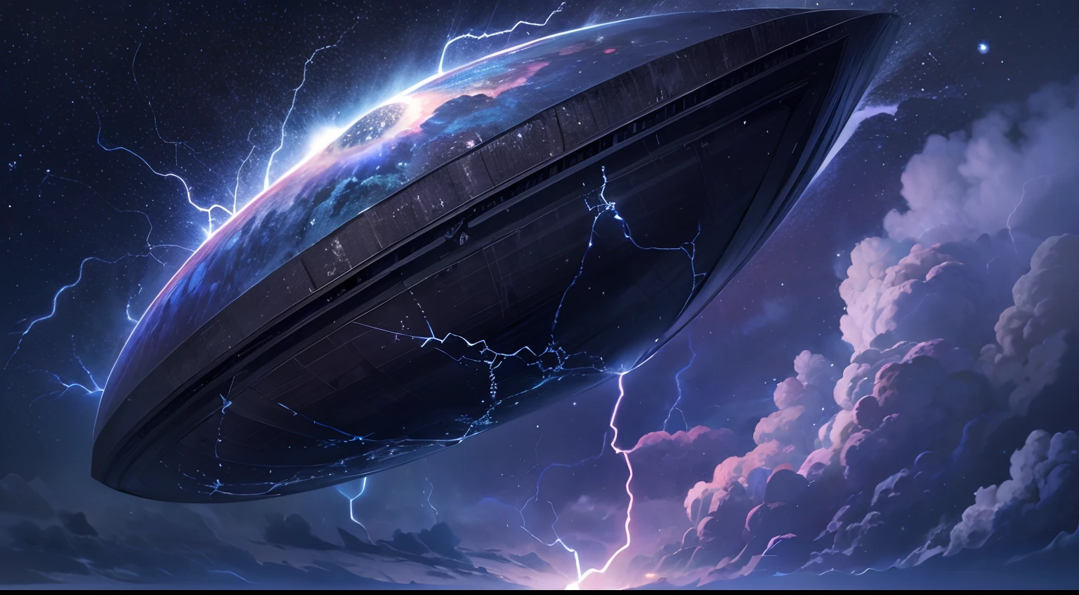Giant teardrop-shaped crystal cosmic elliptical ship,,Skysky,dark stormy clouds,Sky full of lightning, It will be a thunderstorm,