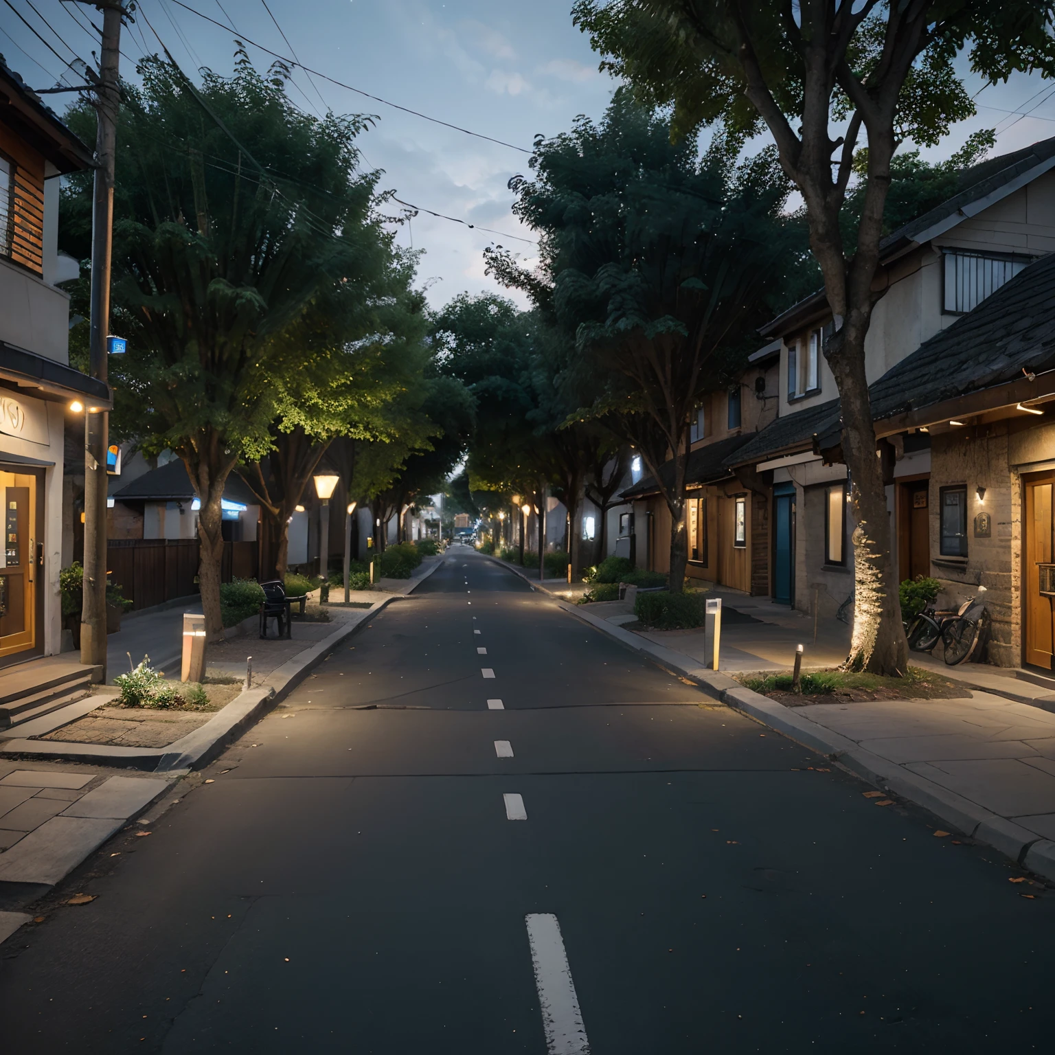 Rural design :1.1,village pedestrianized street,blue cycle path,tree planting,street furniture,villagescape,night lights,vibrant colors, java modern design)