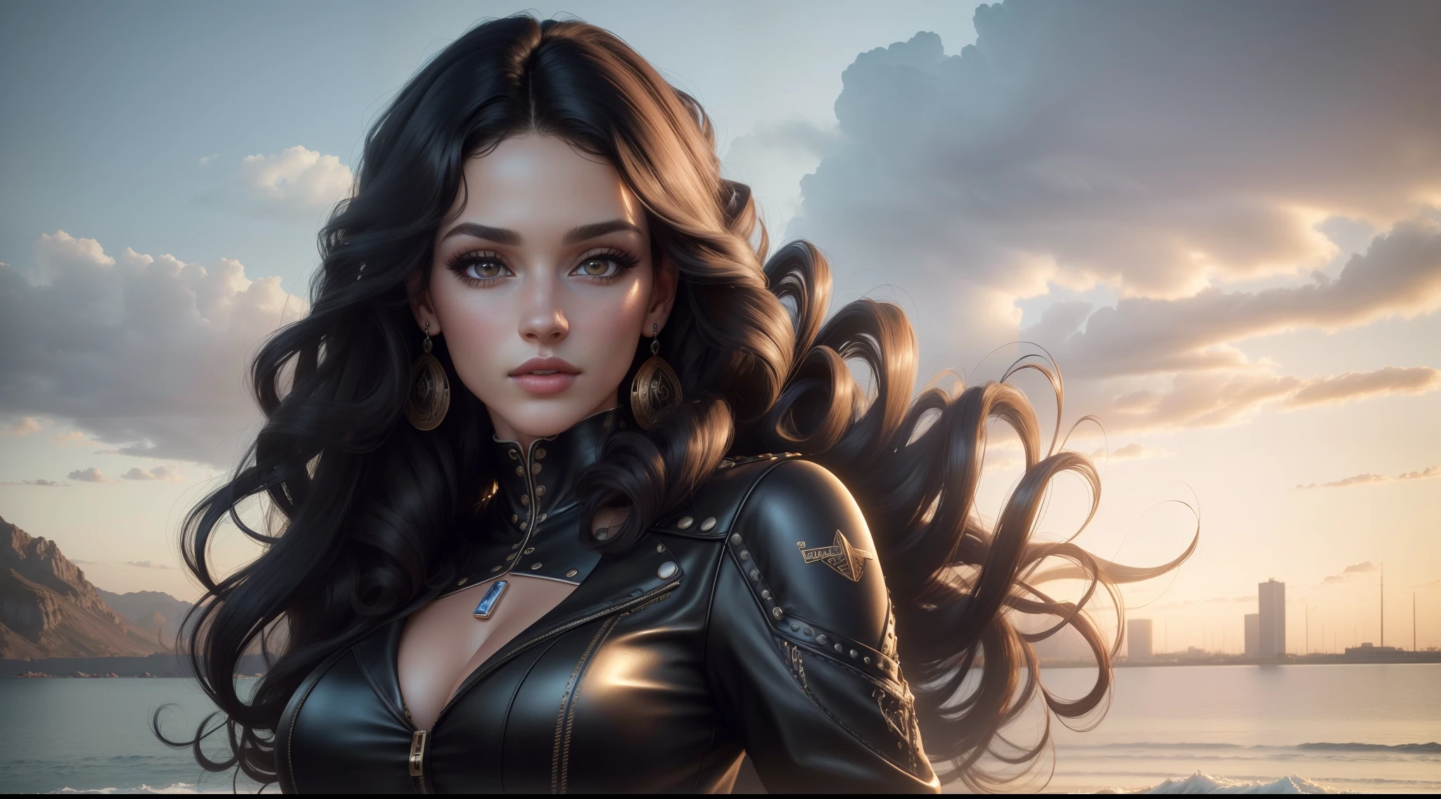 (best quality,4k,8k,highres,masterpiece:1.2),ultra-detailed,(realistic,photorealistic,photo-realistic:1.37),DigiArt Style,looking at viewer,full body,digital art,1girl,solo,long curly hair,black hair,azur eyes,earrings,full lips,eyelashes,makeup, leather clothes