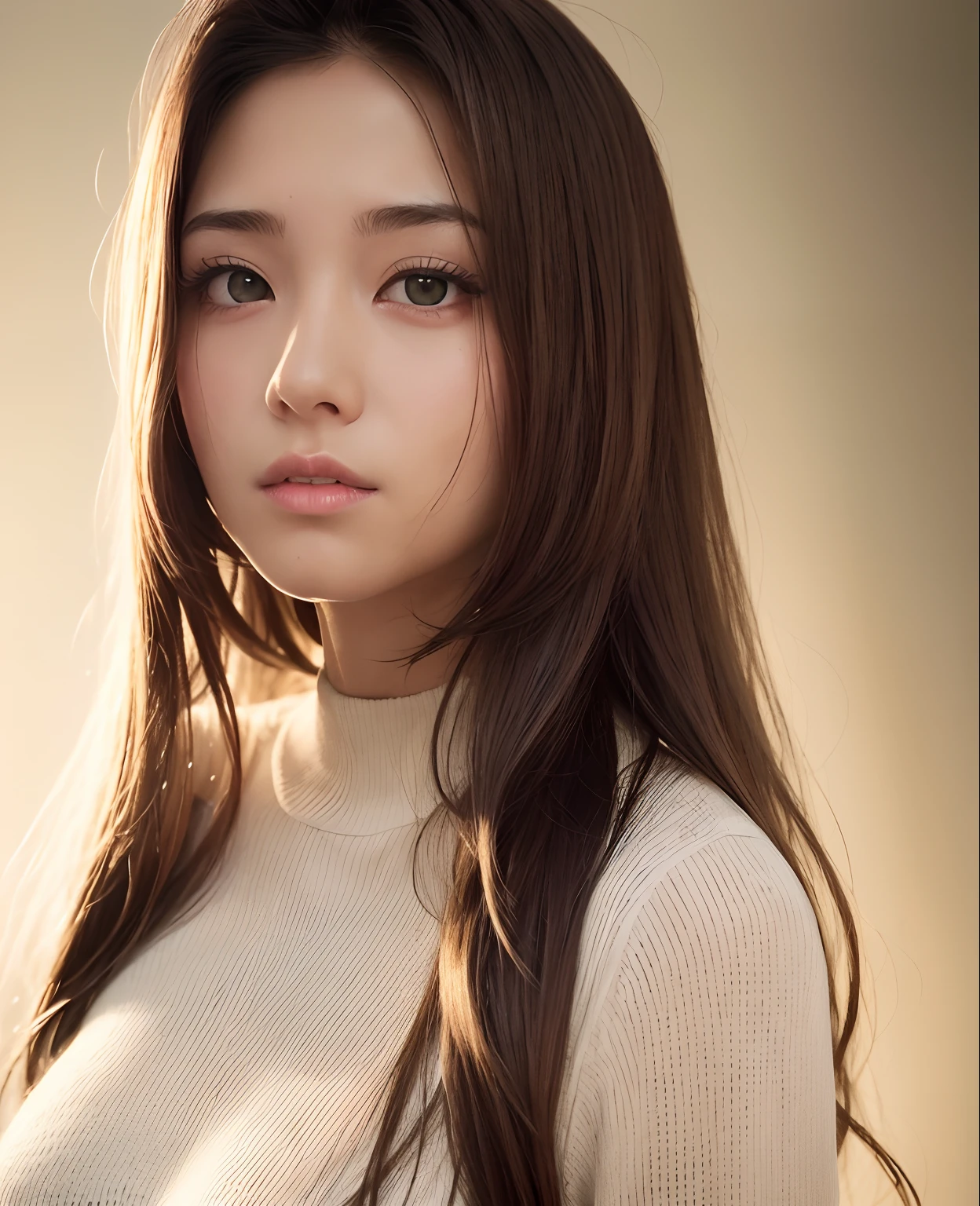(Best Quality,8K,Realistic:1.37) ,Long hair,Brown hair, Colossal tits:1.5,Dim lighting,darkened room,White knitted clothes,White knitted sweater,Tight sweater clothes,Thin open eyes,Open mouth,Shyness,Depression,japanes,sun burn、(Tecateca、The sheen、shiny,Glossy,Muchimuchi),full of sweat,full of sweat,real looking skin,Ear-piercing