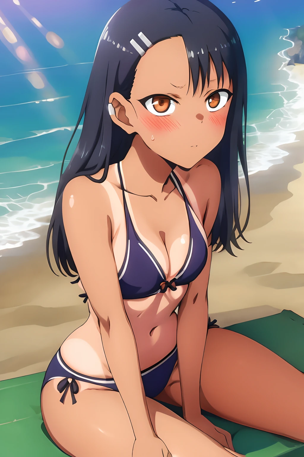 1girl, (solo), small breast, masterpiece, professional artwork, famous artwork, perfect face,nagatoro hayase, brown eyes, hairclip, black hair, cowboy shot, black hair, beautiful face, intense look, ((perfect female body, narrow waist)),((tan lines)), looking at viewer, (((bikini))), ((sitting)), beach, (close up), cleavage, ((bare legs)), wide hips