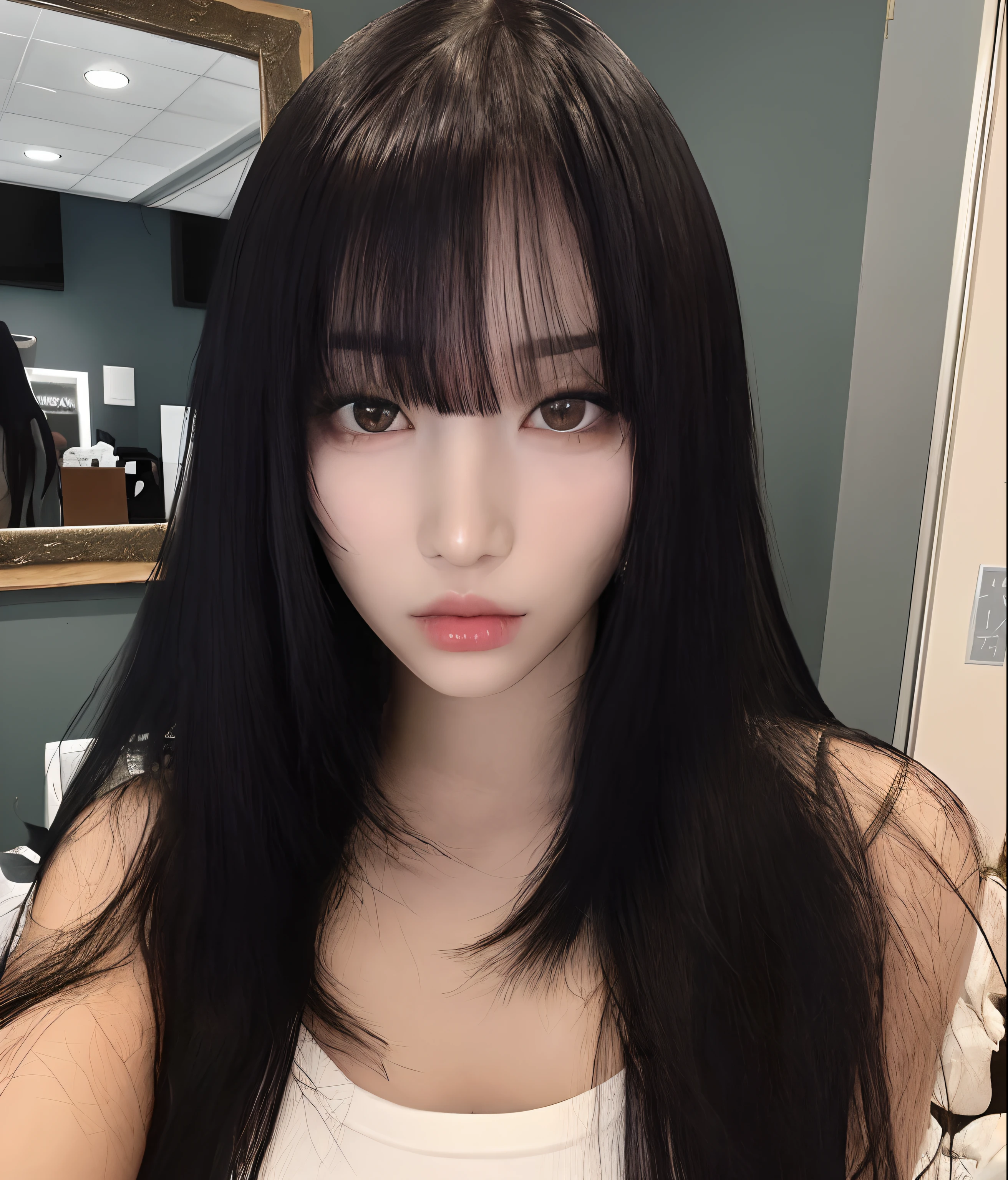 Asian woman with long black hair and bangs posing for a photo, Ela tem cabelo preto com franja, cabelo comprido com franja completa, cabelos longos com franja, cabelo blackbangs cabelo, cabelo arrumado com franja, Franja reta longa, com franja, cabelo preto longo com franja, O corte Hime, preto hime corte cabelo