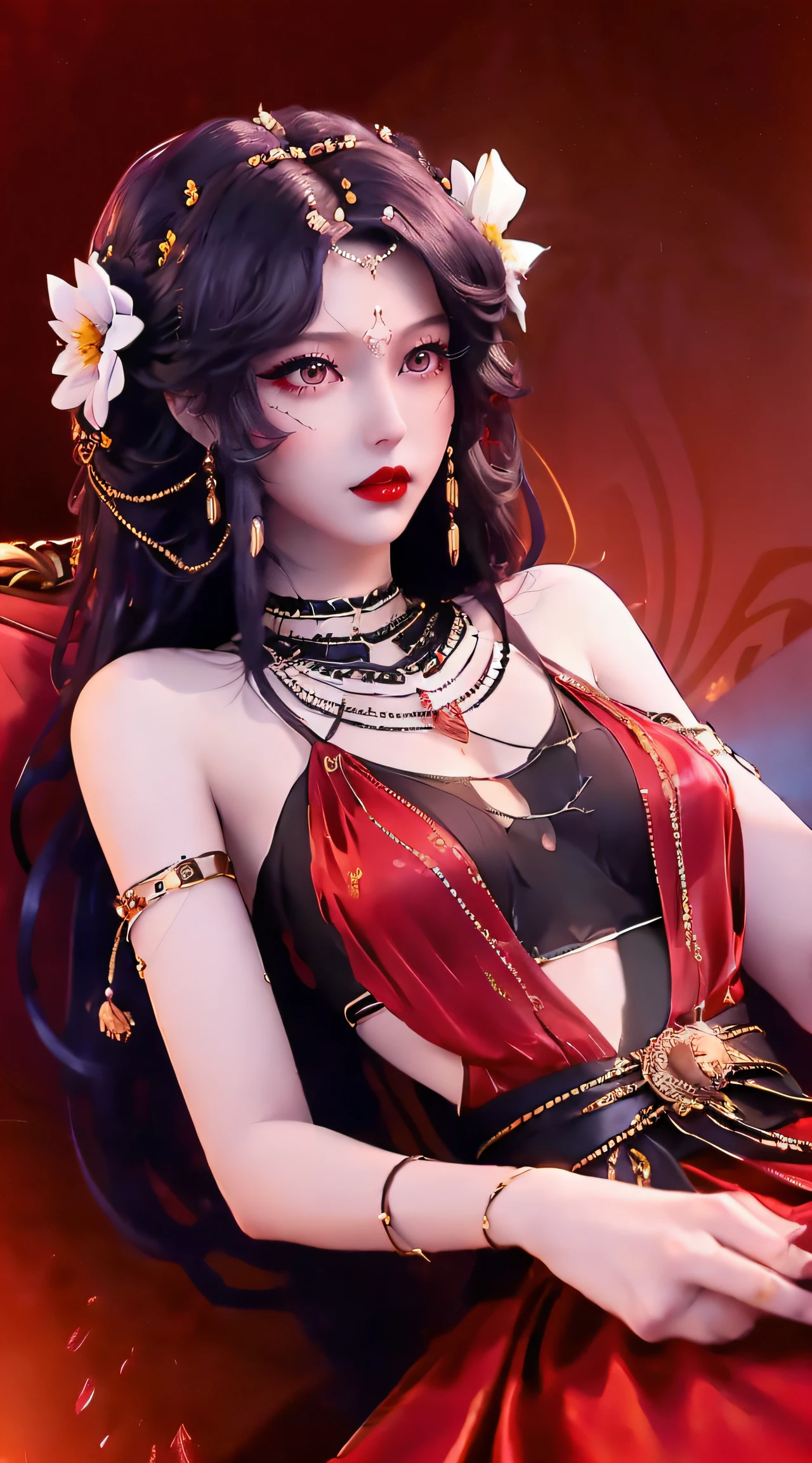 1 beautiful and sexy 20 year old girl, ((Wearing an ultra-thin red dress:1.6)), Diamond dress, ((Long purple-black hair:1.6)), bangs, Delicate jewelry made of stone Noble and beautiful hair, ((Wear a black lace necklace:1.4))), Noble, The noble style of extremely beautiful girls, Super cute little face, very pretty look face, Fur thin eyebrows, flawless and beautiful face, ((black eye pupil: 0.8)), verybeautifuleyes, ((Black eyes: 1.6)), Beautiful makeup and detailed hairstyle, eyeslashes, Moist eye makeup, High nose, Earrings, Red lips, ((Closed mouth: 1;5 )) Beautiful lips, Slim arms, The most beautiful thighs, ((Open your arms to the sides: 1.5) ), Rosy face, Clean face, Beautiful and immaculate face, Smooth white skin, (Big breasts: 1.5)), ((high breasts: 1.6) ), Firm breasts, Pretty big breasts, (((Large, round breasts: 1.8))), ((Ultra-firm breasts: 1.7)) , Beautiful breasts, Perfect body, (((Sitting position, Tilt your hands back and back :1.5))), ((Chest bulging : 1.5)), Don't be shy, 8K photos, Super high quality, Super realistic, More than 10x pixels, lightwave, Bright Studio, Bright edges, Two-tone lighting, (High detail skin:1.2), Super 8K , Soft light, High quality, volumettic light, lightwave, Optical high resolution, Light, best photos, 4K, 8K quality, blurry effect, Smooth clarity, 10 x pixels , ((Red flower background:1.5)), aurora, Lightning, ultra-realistic graphics, The most realistic graphics, Alone, Solo, Extremely sharp, surreal image, (((Frontal portrait : 1.6)))."