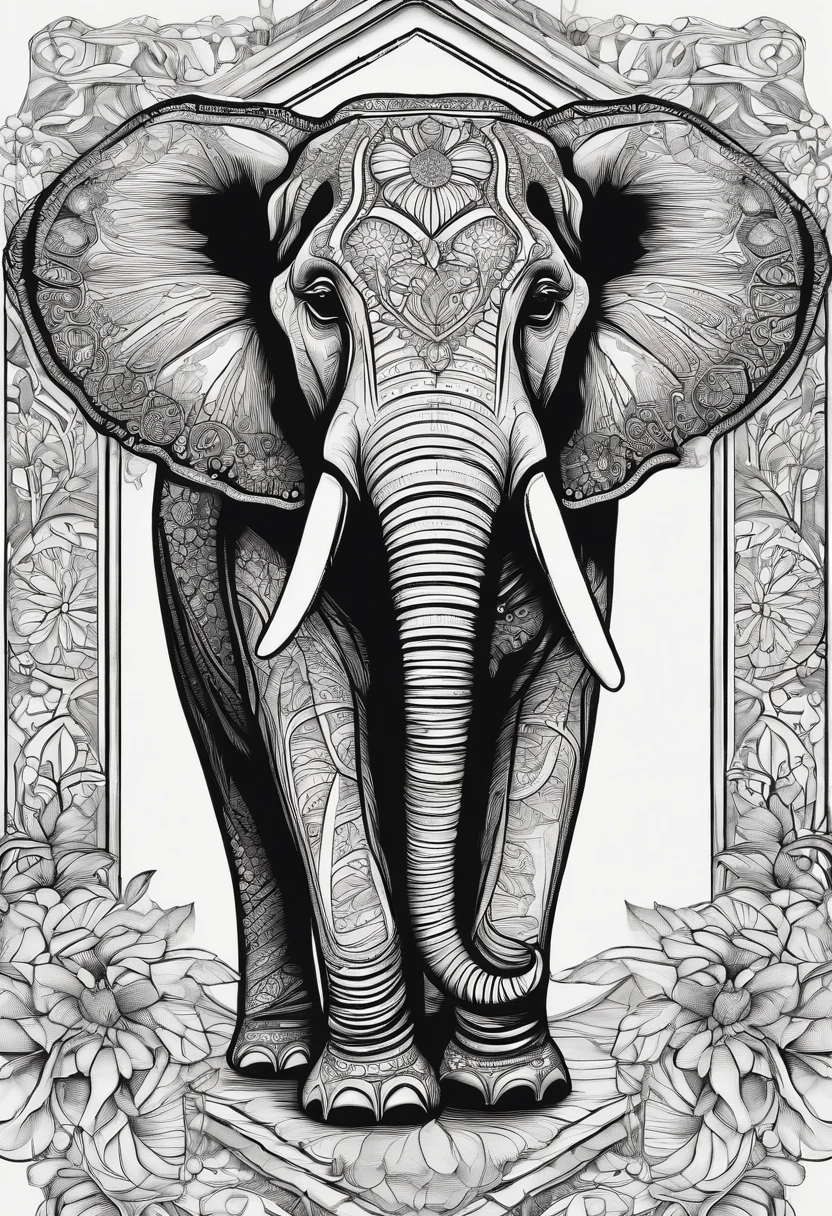 A whimsical mandala art illustration of an elephant :: high detail adult coloring book page thin black lines white background, 1 bit line art coloring book, only draw outlines, crisp, thick outlines, use up the entire screen, outline art, storybook illustration –no noise, no gray coloring shadow inside the lines, book, logo, page, letters, words, markers, grayscale, –no black background –ar 3:4