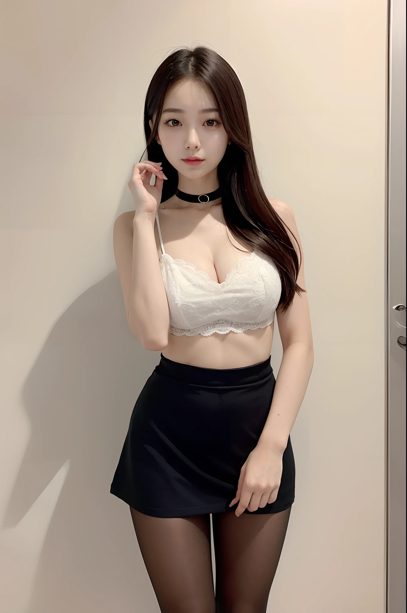 Girl VN01, Woman in white top and black lace skirt, Shoulder out、(black lace skirt)、鎖骨、Thin black velvet choker at neck、gorgeous chinese model, full-body xianxia, Beautiful Asian Girl, Gorgeous young Korean woman, goddess of Japan, A smile、Wear ultra-realistic pantyhose、Korean Girl, cruel korean goth girl, Chinese girl, beautiful Korean women, Cute elegant pose, white and black, light milky white porcelain skin, Beautiful young Korean woman、realistic skin textures、shinny skin、Exposed thighs!!!