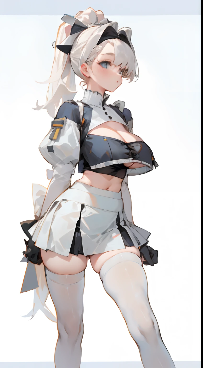 Bigboobs,cropped shoulders,White knee-length stockings,ta skirt,High ponytail